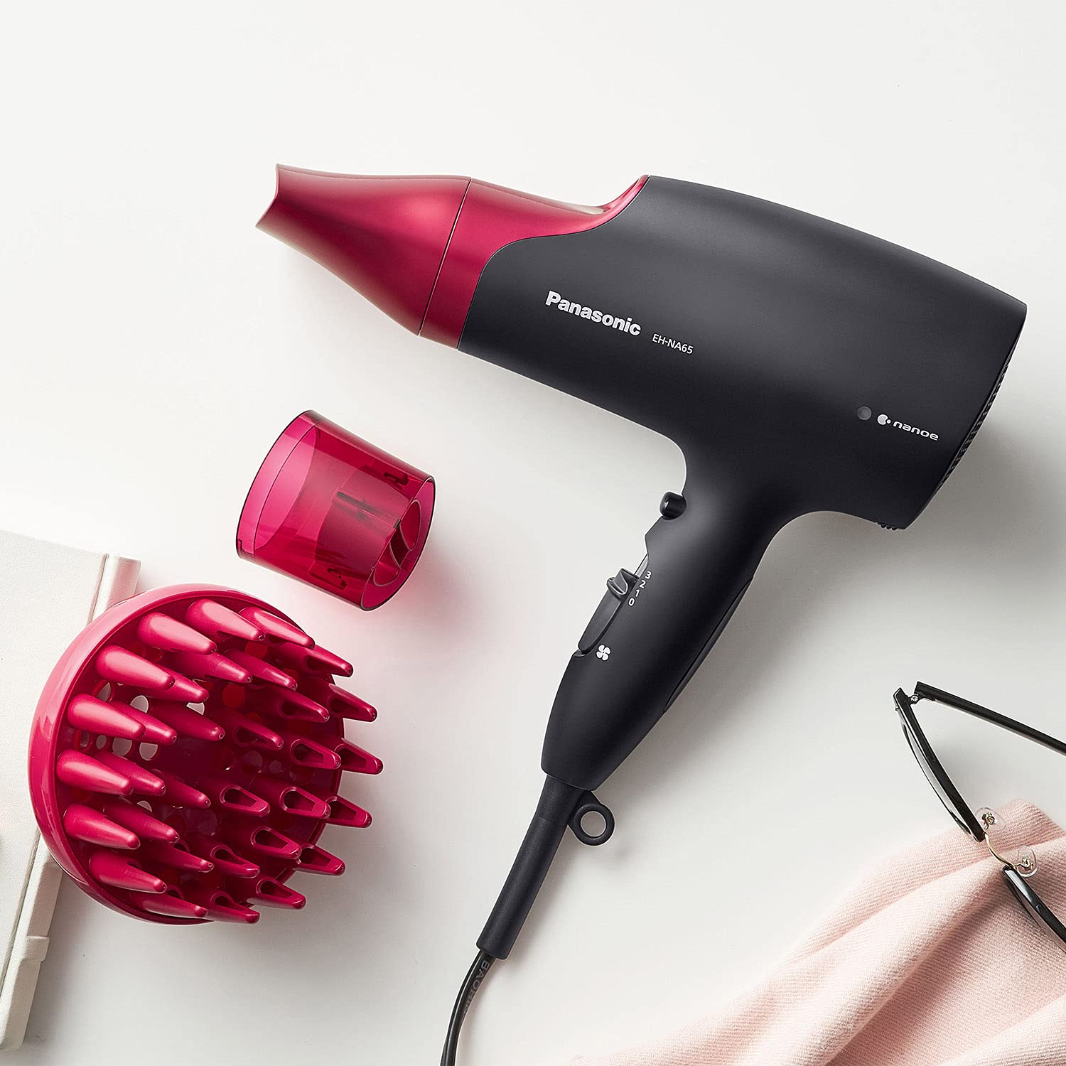 Panasonic EH-NA65-K Nanoe Hair Dryer 1875W - Professional Blow Dryer for Smooth & Shiny Hair with 3 Attachments (Quick Dry Nozzle, Diffuser, Concentrator) - Fast Drying for Home, Salon & Travel Use - Black/Pink
