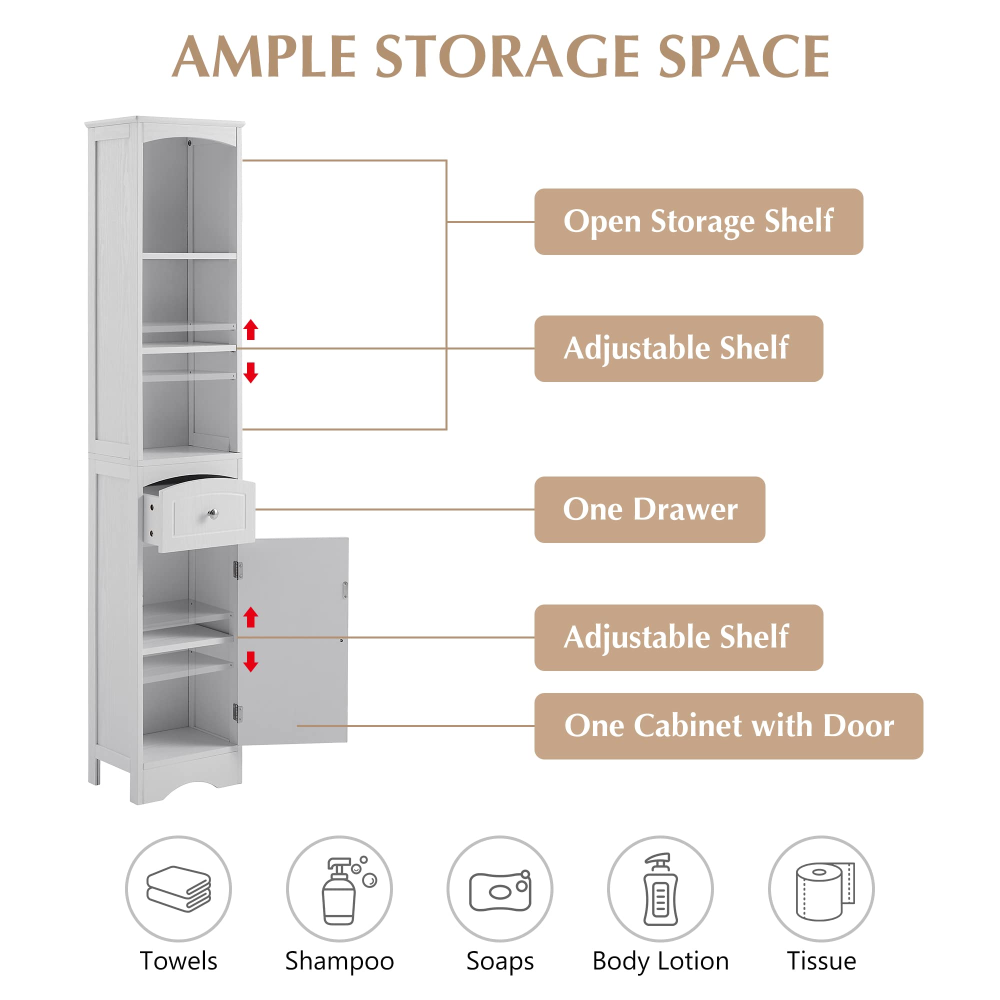 P PURLOVE Narrow Tall Bathroom Storage Cabinet with Drawers & 3-Tier Open Shelves - Adjustable Shelf Floor Cabinet for Bathroom, Living Room, Kitchen - Perfect for Small Spaces, Organizing Toiletries, Towels & Cleaning Supplies (White)