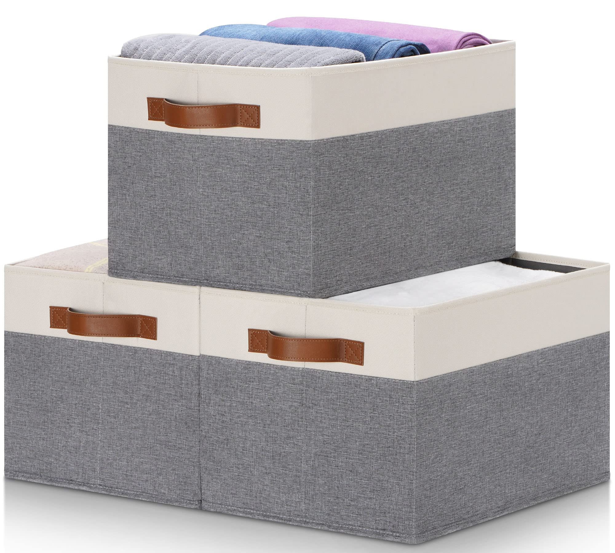 Large Foldable Fabric Storage Bins with PU Handles - 26L Closet Organizer Baskets for Shelves (3-Pack, Grey & White) - Perfect for Home, Bedroom, Office & Kids' Toy Storage