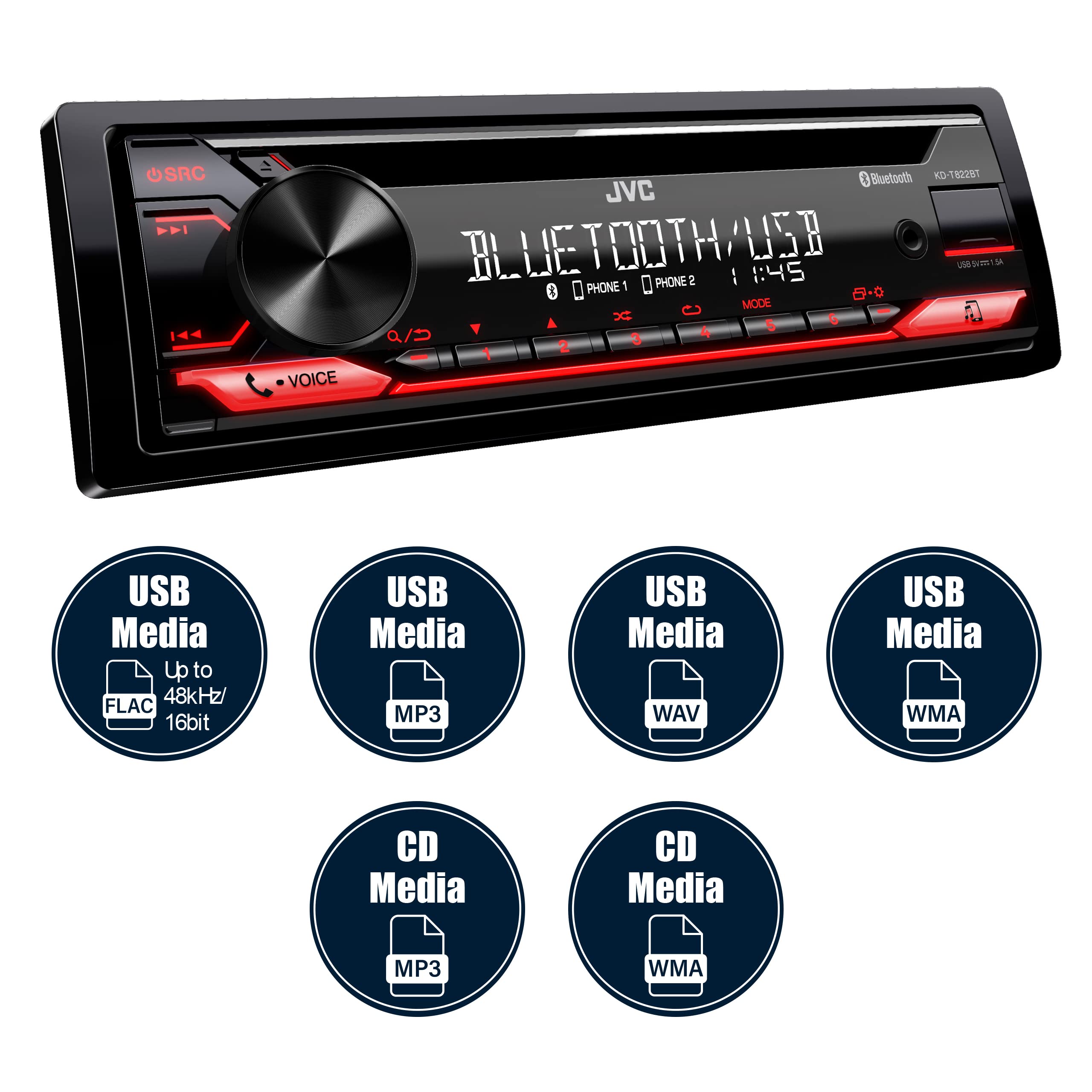 JVC KD-T822BT Bluetooth Car Stereo with CD Player, Hands-Free Calling & Wireless Music Streaming - Perfect for Road Trips & Commuting