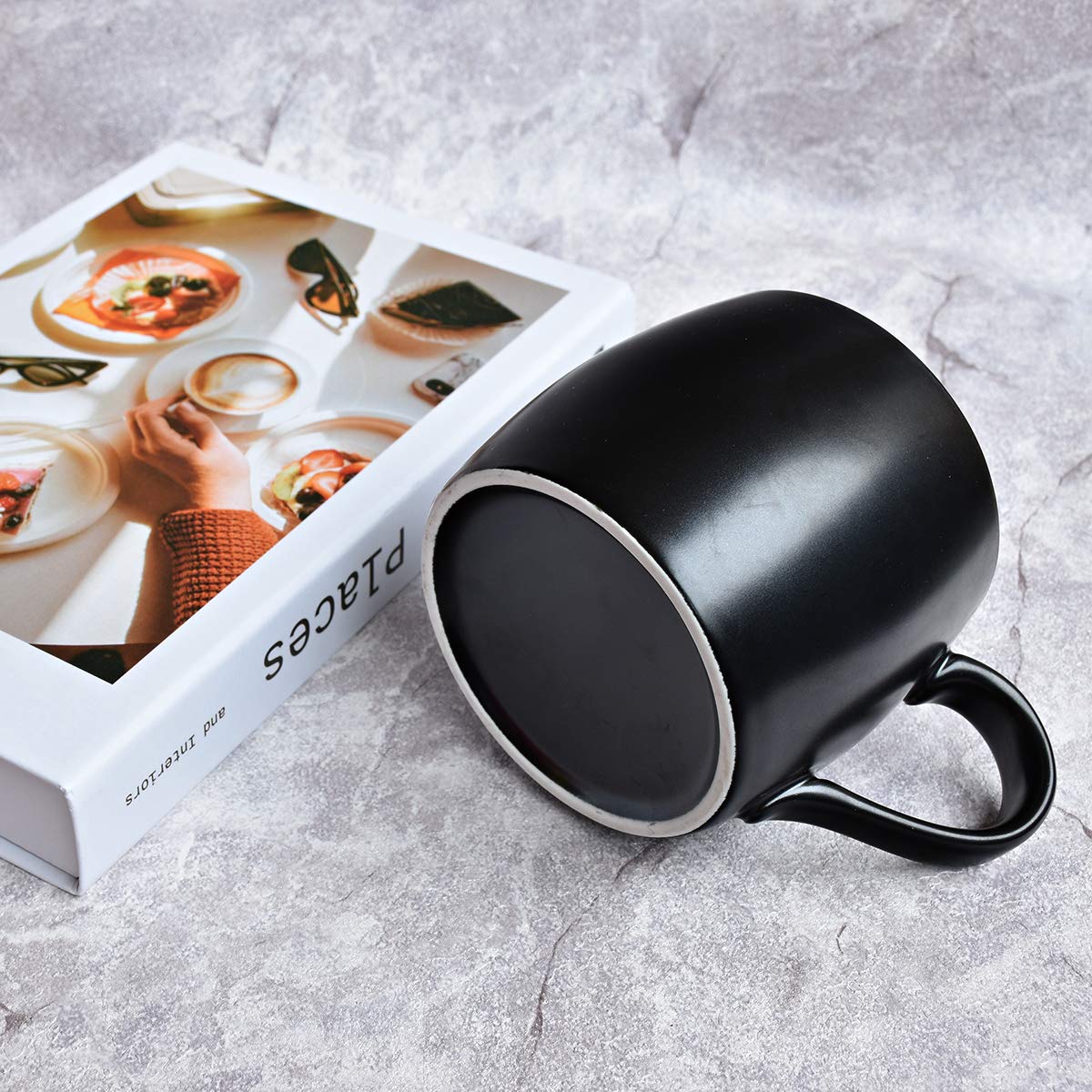 Bosmarlin 14 oz Ceramic Coffee Mug with Spoon - Matte Black Tea Cup for Office, Home, Travel - Dishwasher & Microwave Safe - 1 Pack - Perfect for Hot Beverages, Gifts, and Daily Use