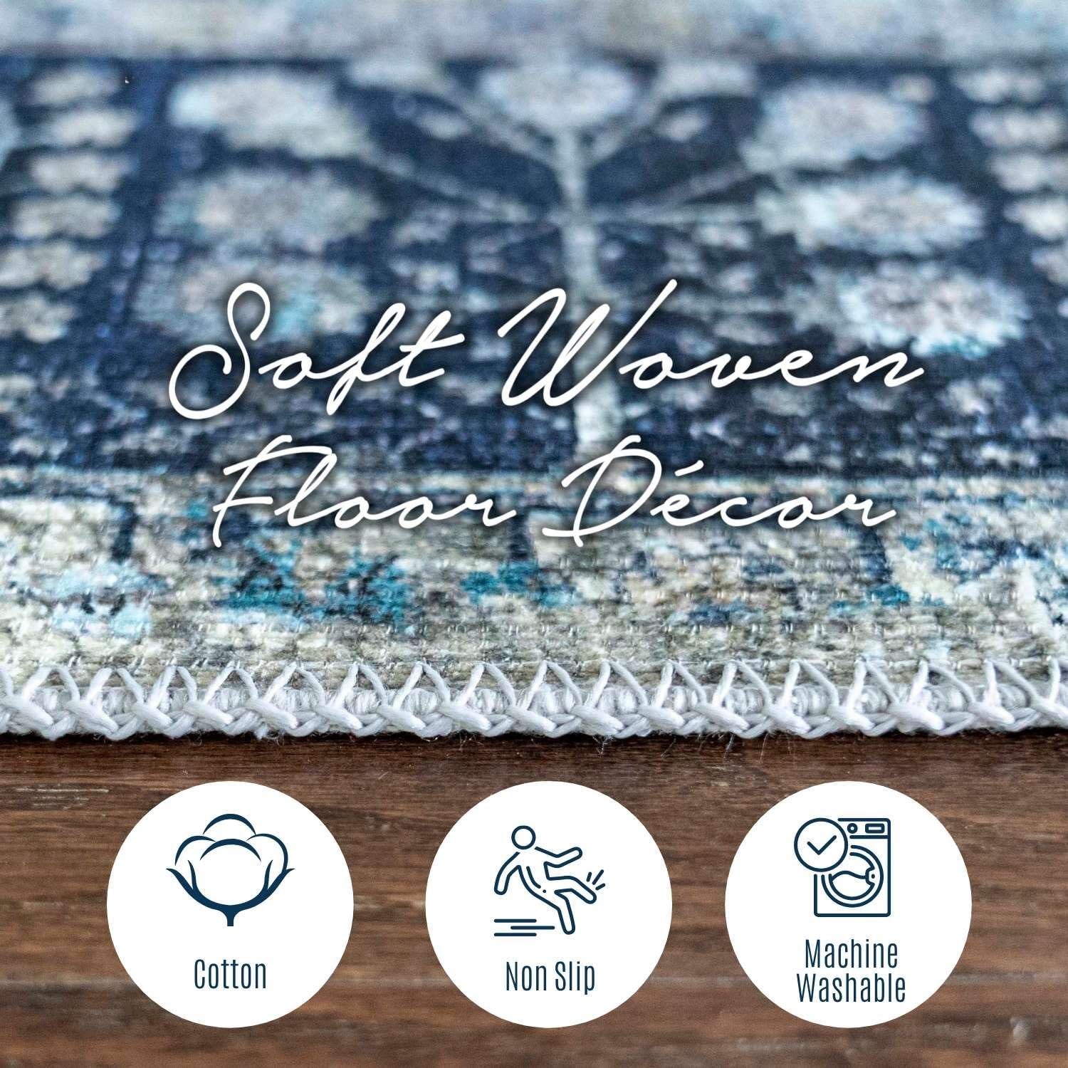 Softwoven 8x10 Machine Washable Cotton Area Rug - Non-Slip, Stain Resistant & Pet Friendly - Vintage Navy & Light Blue Design for Living Room, Bedroom & Hallway - Perfect for High Traffic Areas & Family Homes