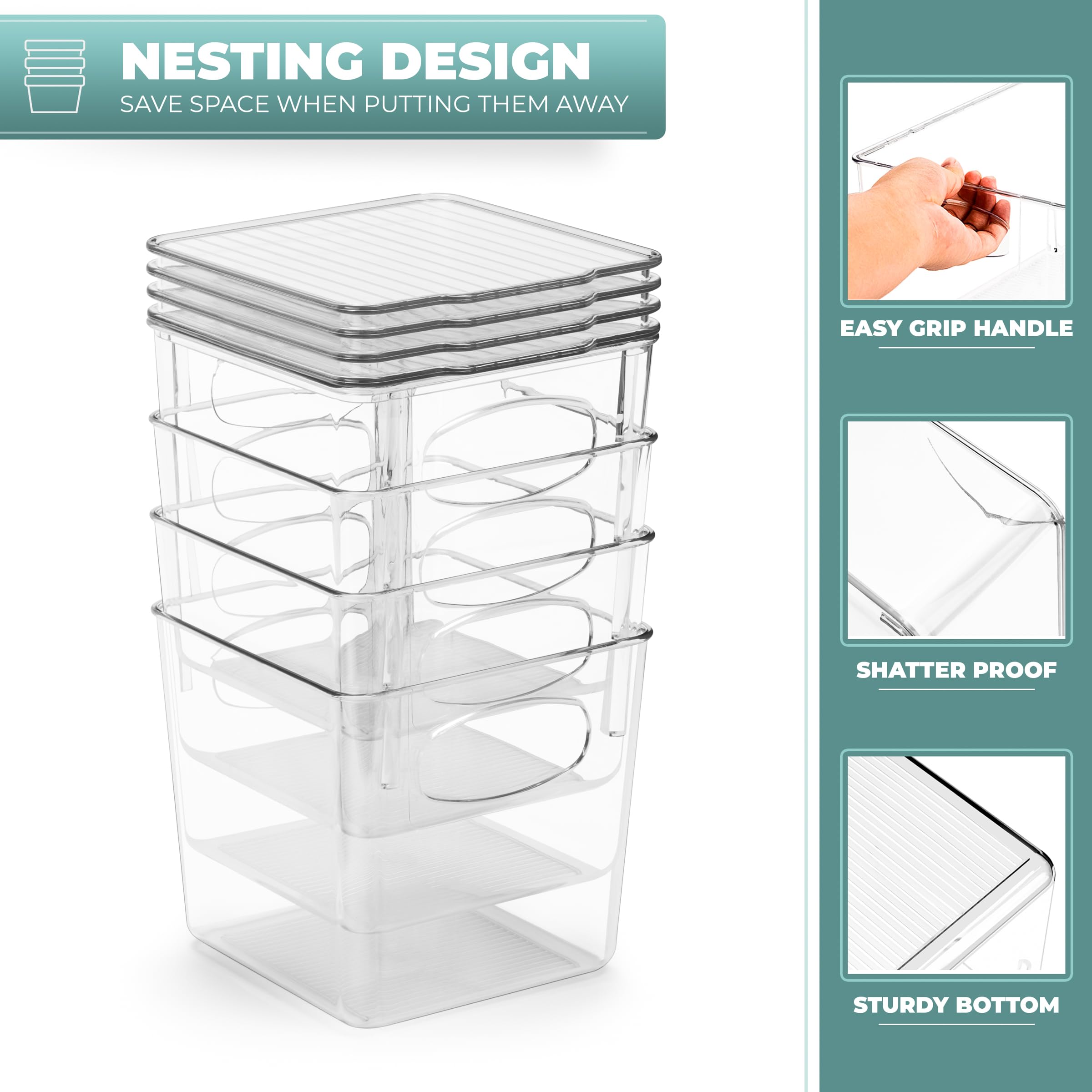 Sorbus Small Plastic Storage Bins - 4 Pack Clear Kitchen Organizers for Pantry, Fridge, Cabinet & Refrigerator - Perfect for Food Storage, Spice Organization & Home Decluttering