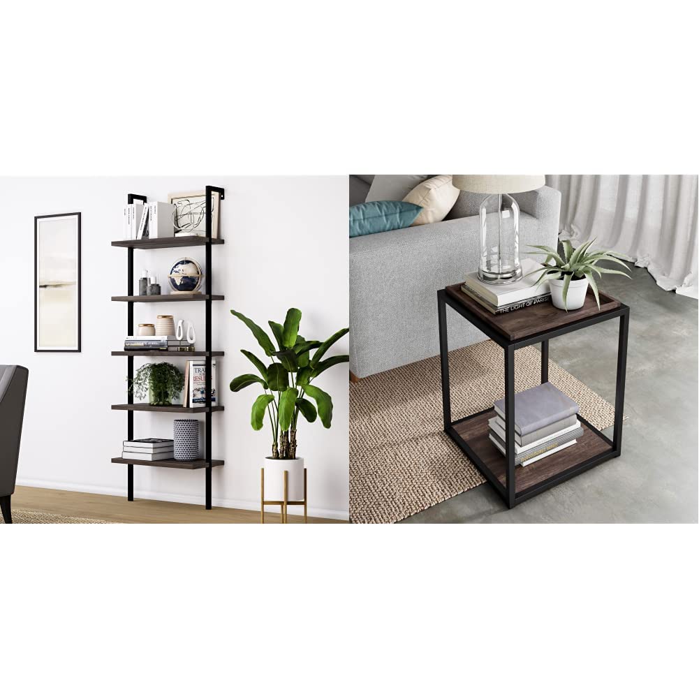 Nathan James Theo 5-Shelf Wood Modern Bookcase - Industrial Metal Frame Ladder Bookshelf in Dark Brown Nutmeg/Black | Nash Solid Wood Accent End Table | Perfect for Living Room, Home Office & Bedroom Storage