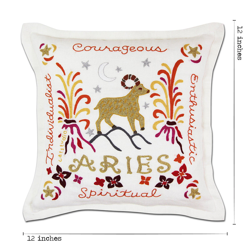 Aries Zodiac Sign Hand Embroidered Decorative Pillow by Cat Studio - Perfect for Home Decor, Astrology Gifts & Bedroom Accents