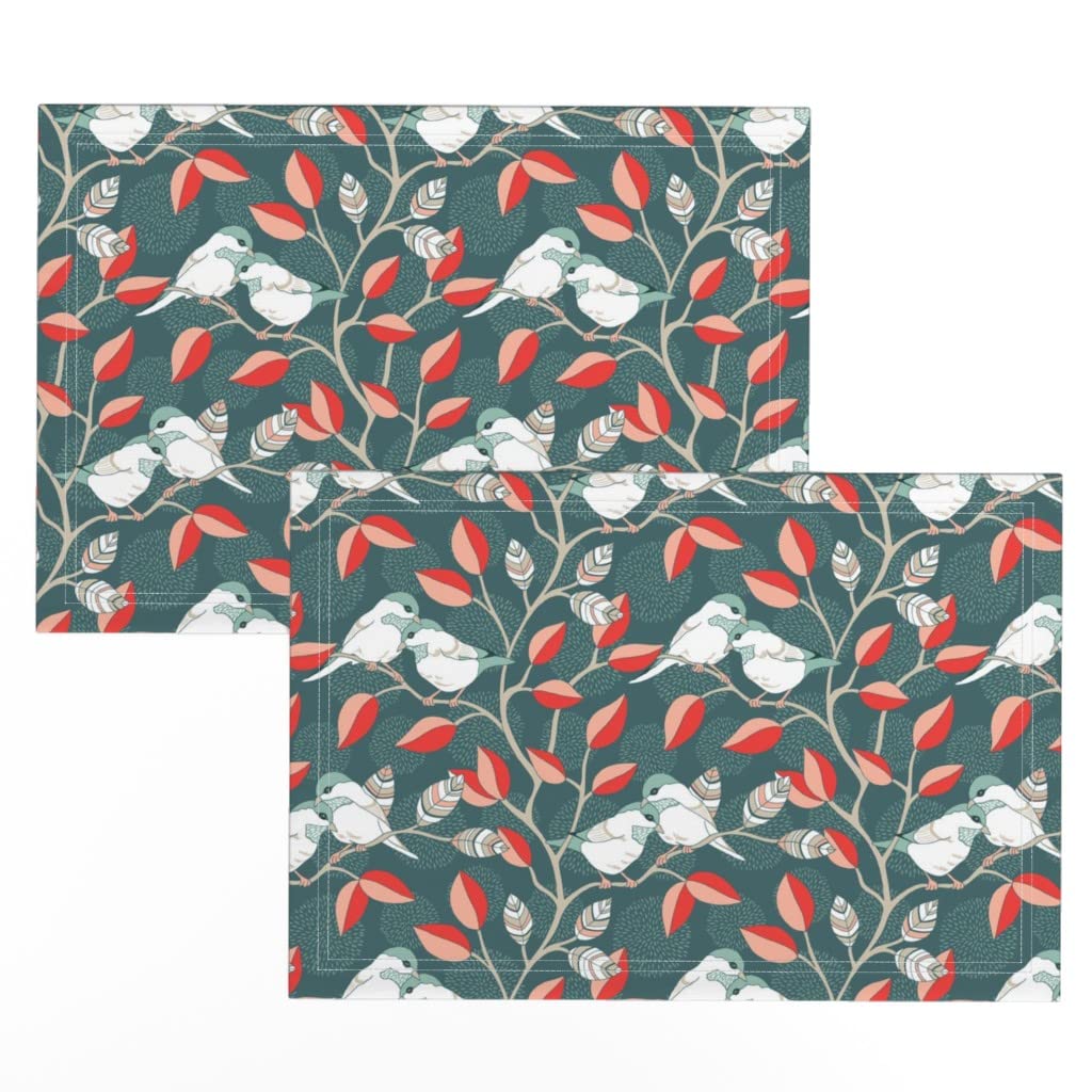 Spoonflower Linen Cotton Canvas Placemats Set of 2 - Love Birds Tree Branch Leaf Nature Animal Print Table Mats for Dining, Kitchen Decor, and Picnic Accessories
