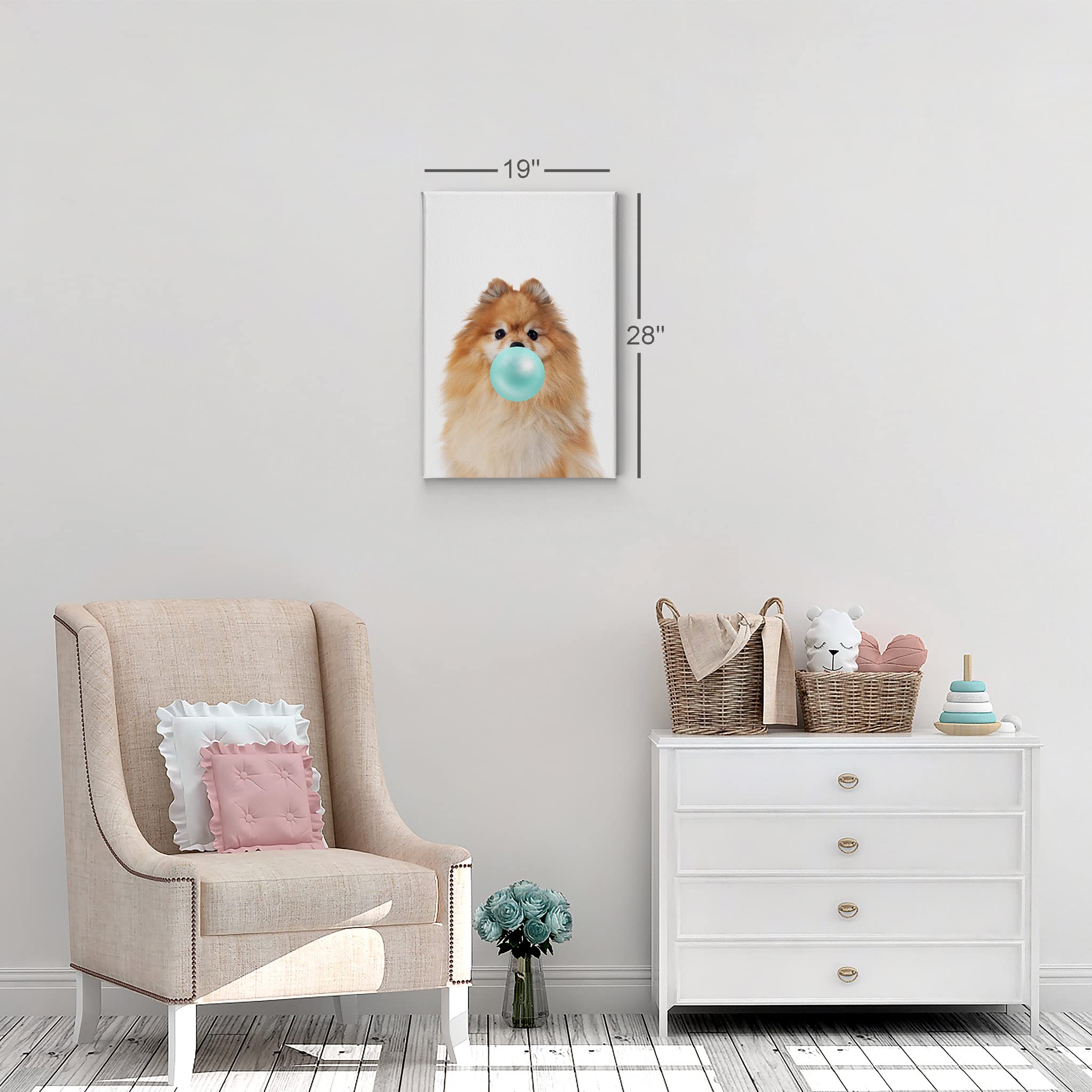 Pomeranian Dog Chewing Bubble Gum Canvas Wall Art Print - 36x24 Inch Pet Lover Gift, Pop Animal Art for Office, Living Room, Bedroom & Nursery Decor | Funny Dog Portrait Home Decoration
