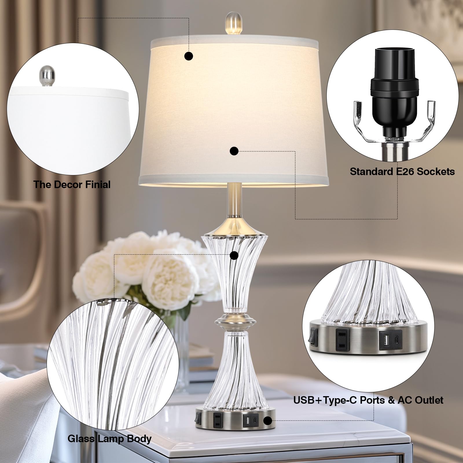 Rinweey 2-Pack Crystal Glass Table Lamps with USB C/A Ports & AC Outlet - Modern White Clear Silver Nightstand Lamps for Bedroom, Living Room - Includes LED Bulbs | Perfect for Reading, Decor, and Ambient Lighting