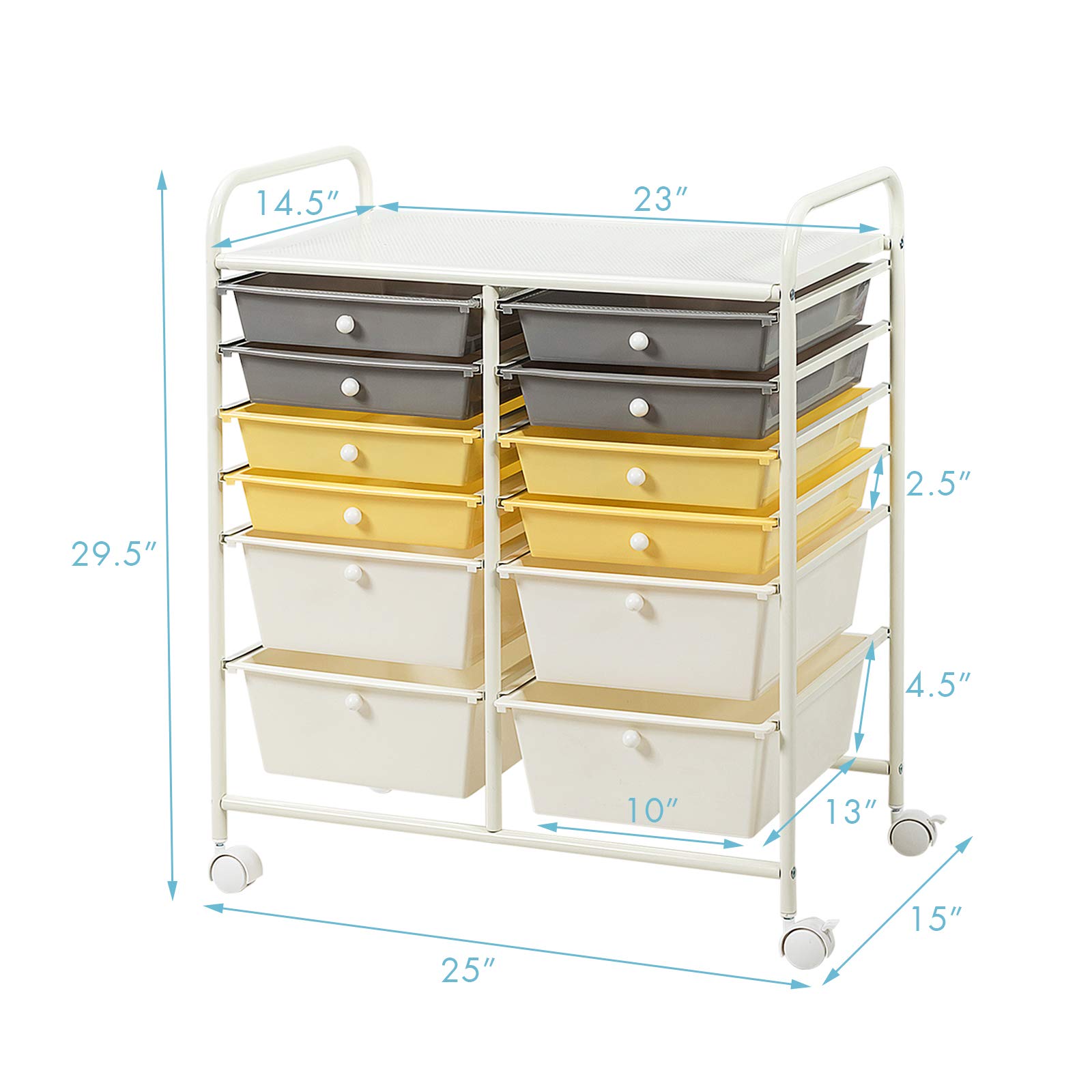 RELAX4LIFE 12-Drawer Rolling Storage Cart with Wheels - Mobile Craft Organizer for Art Supplies, Office, School & Beauty Salon | Yellow Utility Cart for Home, Classroom & Salon Organization