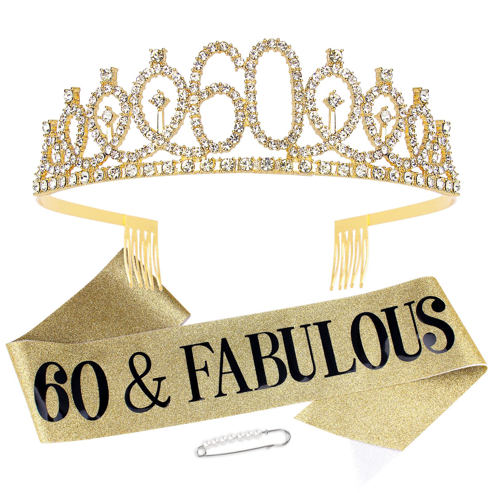 60th Birthday Sash & Tiara Set - Gold Rhinestone Crown for Women - 60th Birthday Party Decorations - Perfect for Milestone Celebrations, Photo Props & Special Occasions