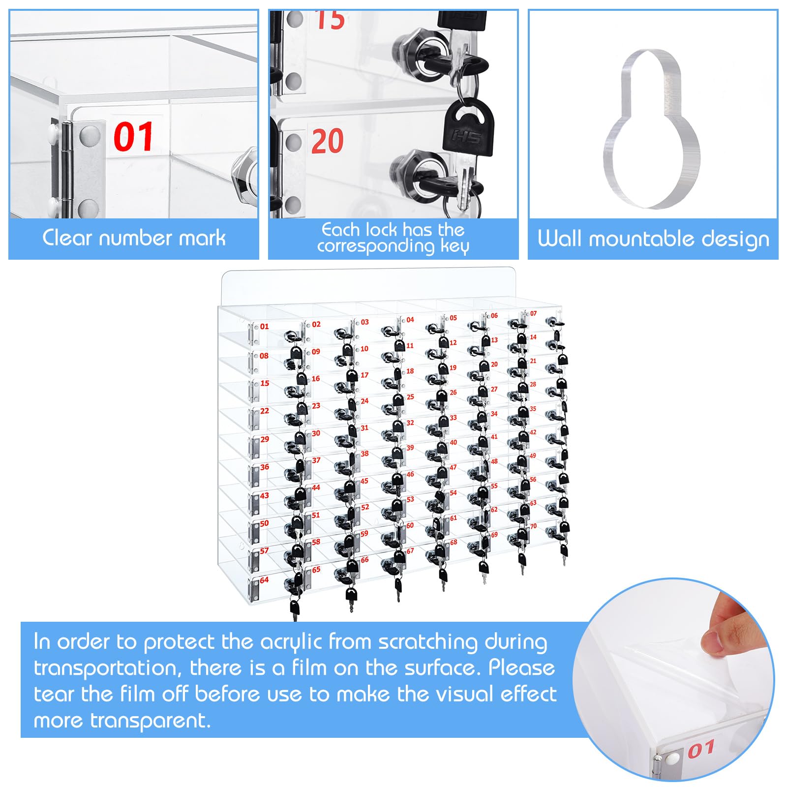 Clear Acrylic Phone Locker Box with Door Locks & Keys - Wall Mounted Cell Phone Storage Cabinet for Classroom, School, Office (33.46