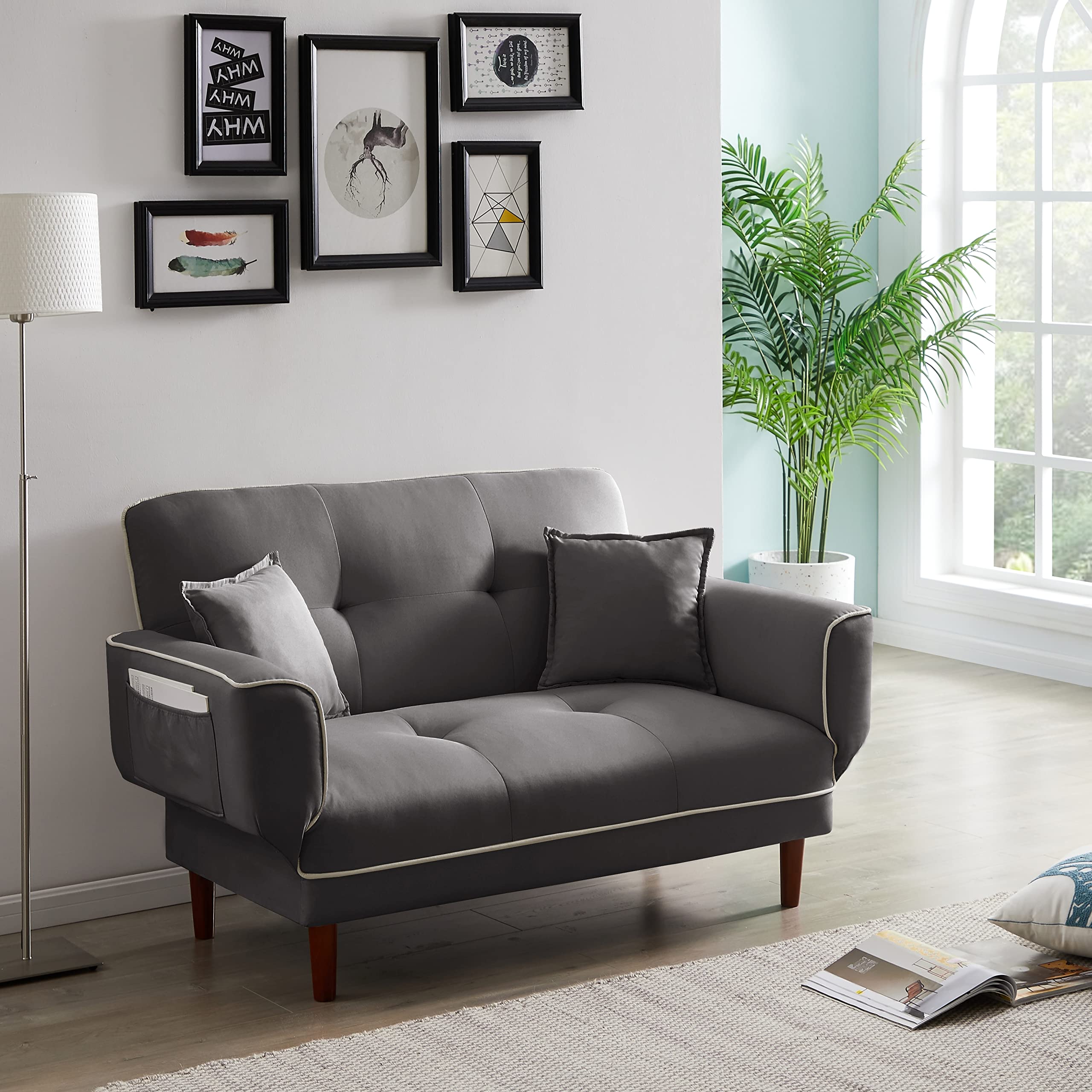Relax Lounge Sofa Bed Sleeper - Light Grey Fabric Convertible Couch with 2 Pillows for Living Room & Bedroom - Classic Solid Design for Small Spaces, Guest Rooms & Apartments