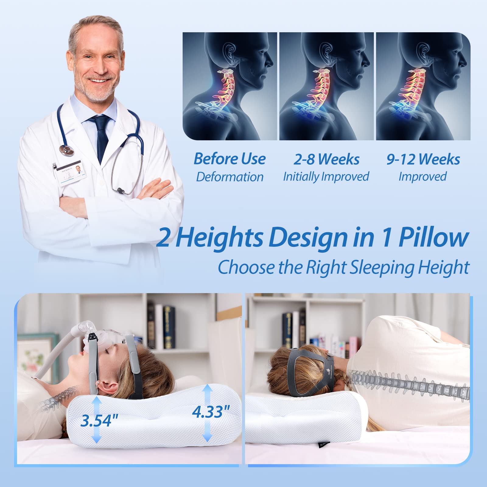 HOMCA CPAP Pillow for Side Sleepers - Reduces Air Leaks & Neck Pain - Perfect for CPAP Mask Users