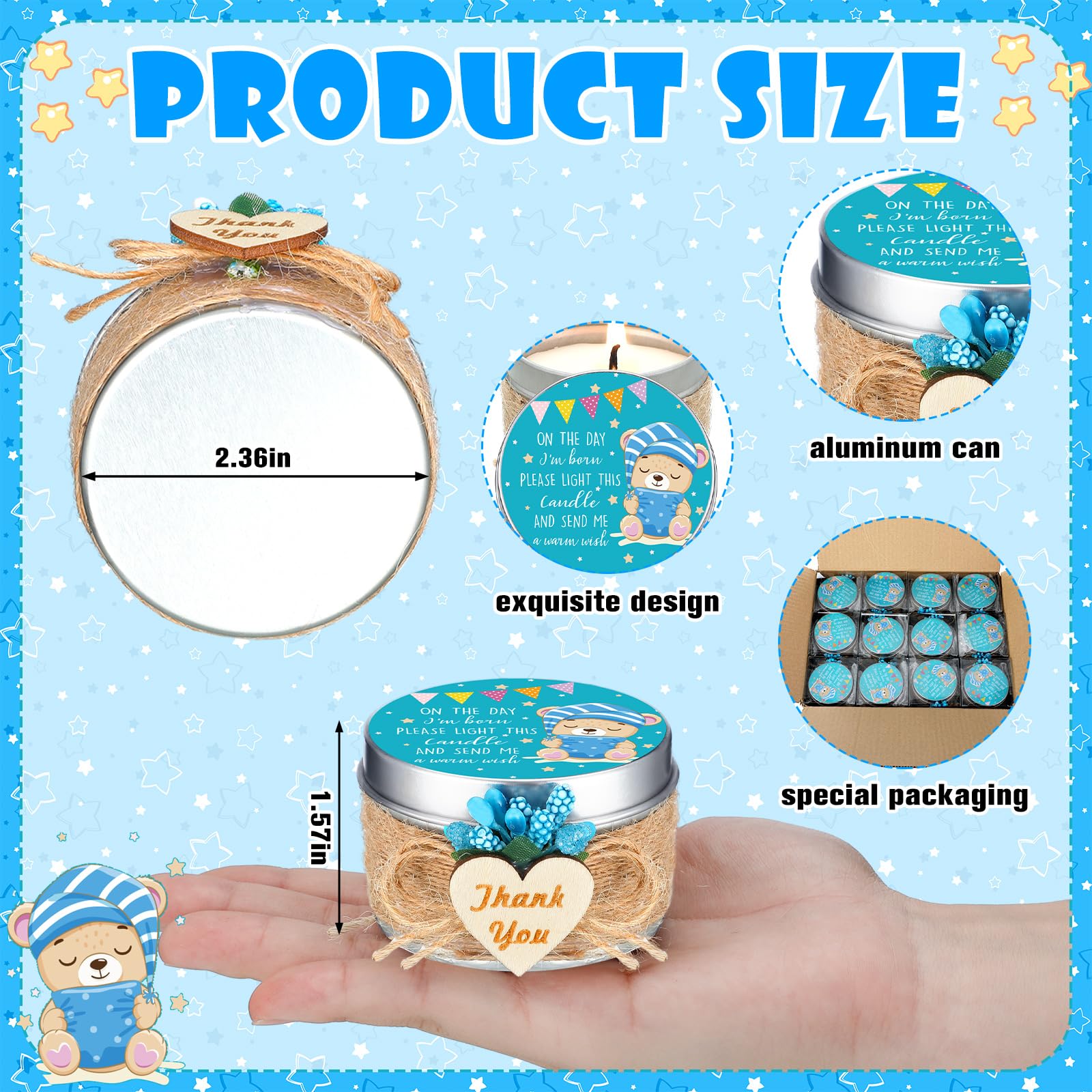 24 Pack Blue Baby Shower Candles - Rustic Soy Tealight Favors with Heart Wooden Sign & Flower Bouquet - Perfect for Baby Shower Party, Baptism, Gender Reveal & Guest Gifts - Great for Home Decor, Wedding Favors & Romantic Ambiance