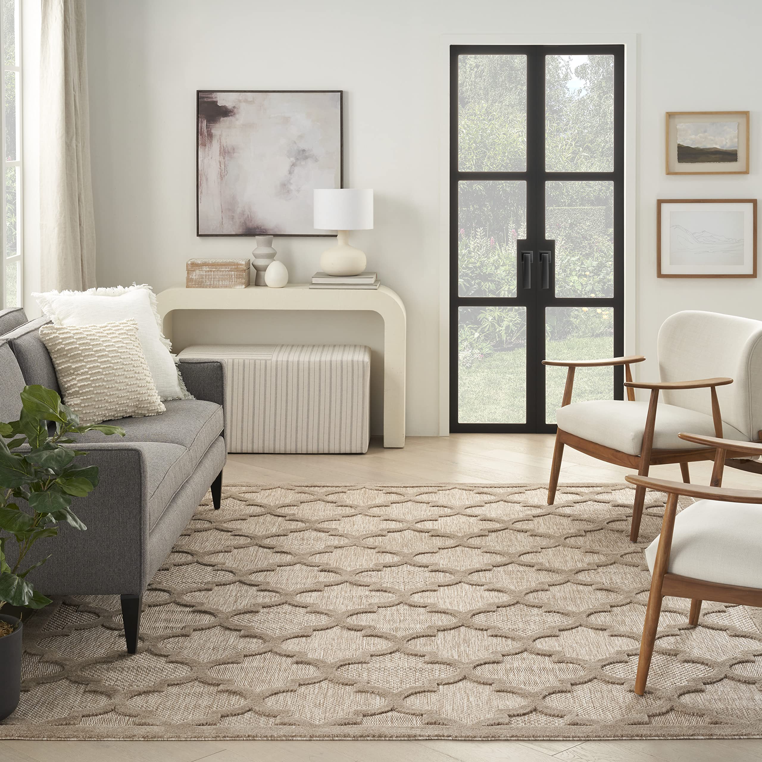Nourison Easy Care Moroccan Trellis 7' x 10' Area Rug - Natural Beige, Non-Shedding & Easy Cleaning | Perfect for Bedroom, Living Room, Dining Room, Outdoor Deck & Patio Decor