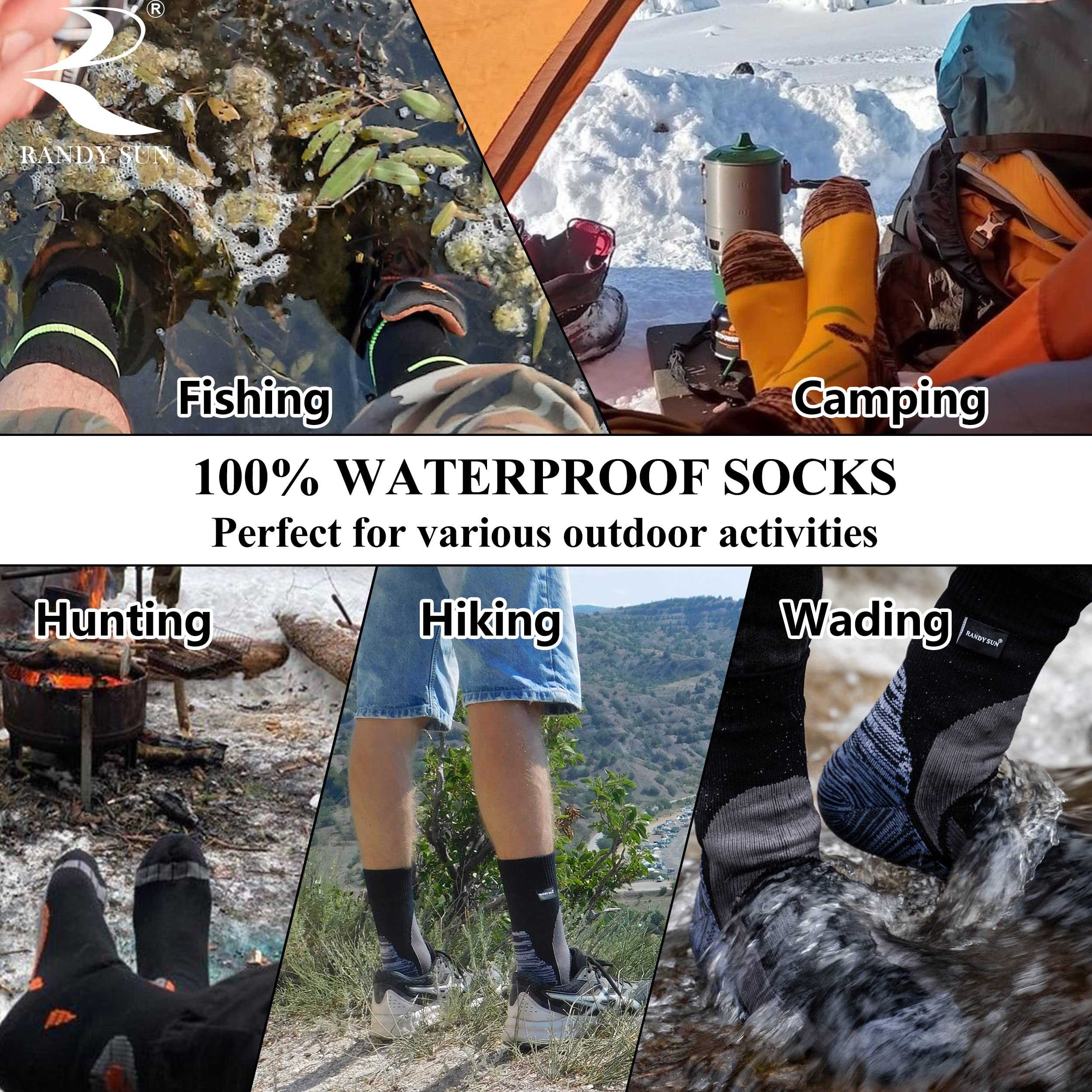 RANDY SUN Waterproof Breathable Socks for Men & Women - SGS Certified Unisex Skiing, Trekking, Hiking & Wading Socks - Ideal for Outdoor Adventures, Camping & Trail Running