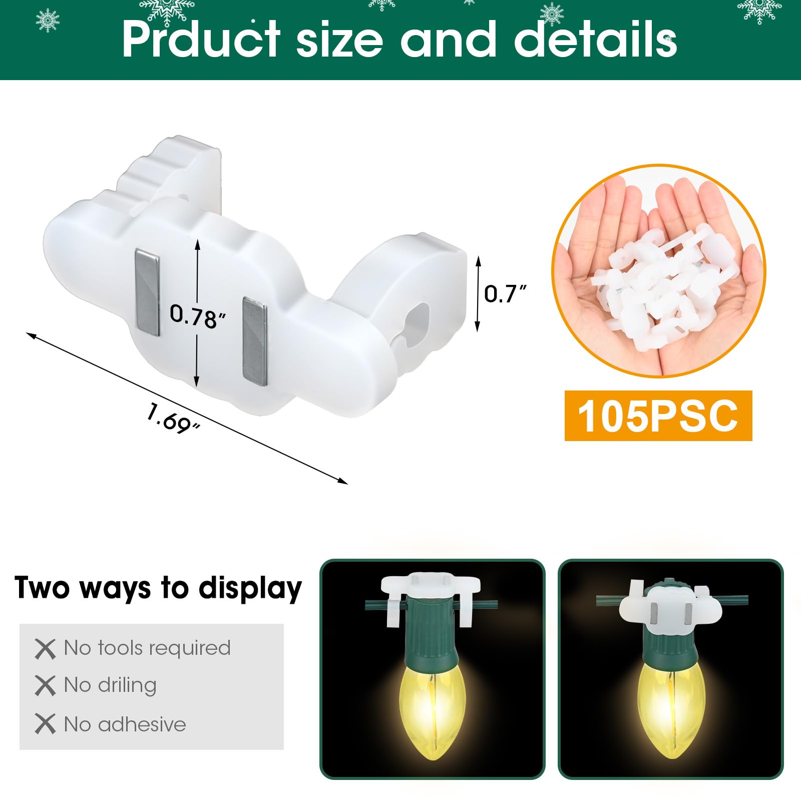 105 Pack Strong Magnetic Christmas Light Clips for Metal Roof - C6/C7/C9 Socket Outdoor Holiday Lights Holder - Universal Xmas Decorations for Icicle Rope Lights (Perfect for Roof, Gutters, Railings & Outdoor Holiday Displays)