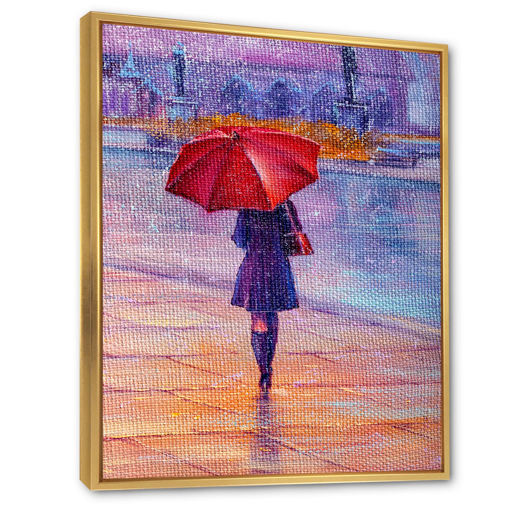DesignQ French Country Framed Canvas Wall Art - Woman Walking with Red Umbrella in Rain - Perfect for Living Room, Bedroom & Office Decor