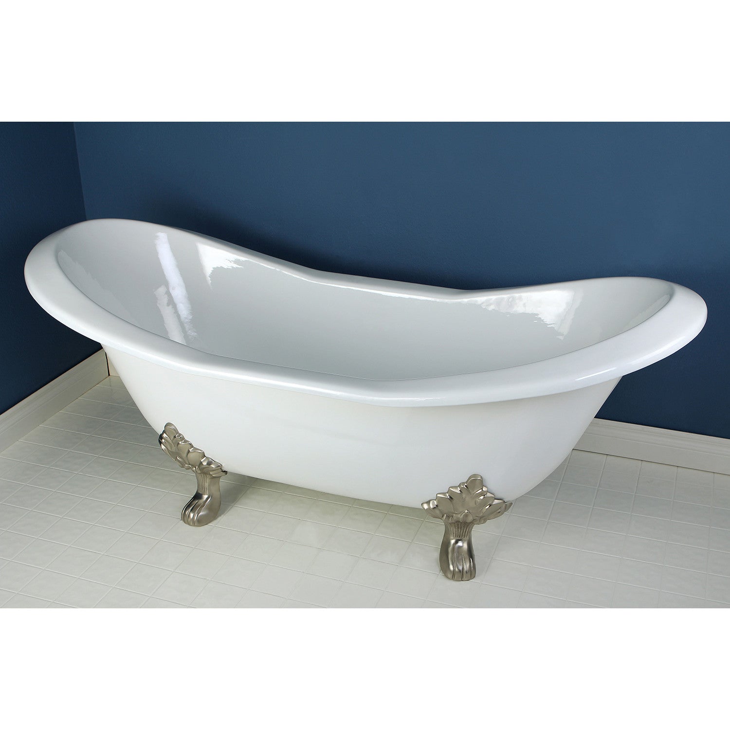 Aqua Eden 72 Inch White Cast Iron Oval Double Slipper Clawfoot Bathtub with Brushed Nickel Faucet - Vintage Freestanding Soaking Tub for Luxury Bathroom & Spa Retreat