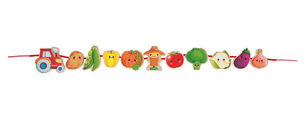 Janod Vegetable Garden Threading Beads - Educational Wooden Toy for Kids Fine Motor Skills Development - Perfect for Preschool Learning & Montessori Activities