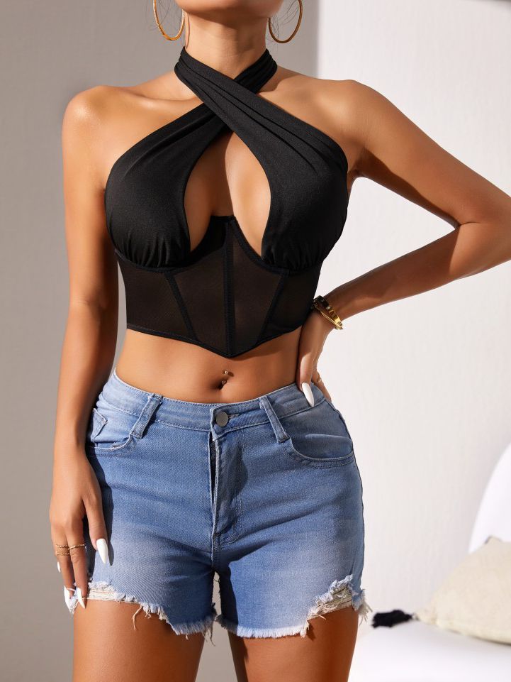 ZASUWA Women's Sexy Mesh Hollow Out Halter Lace Up Tank Top - Perfect for Summer Beach, Party & Date Night Outfits