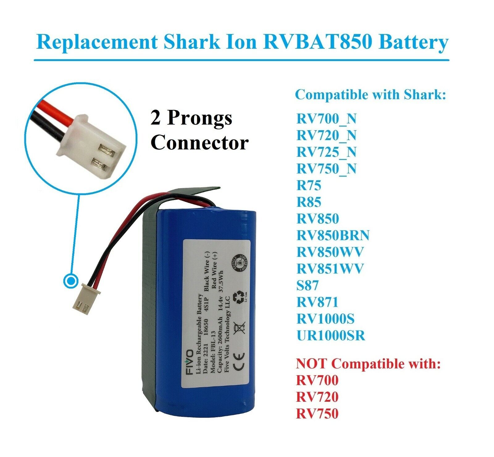 Shark Ion R75 RV85 RV850 RV750 N RVBAT850 Replacement Battery (2-Prong Plug) - Compatible with Shark Vacuums - Perfect for Home Cleaning & Maintenance