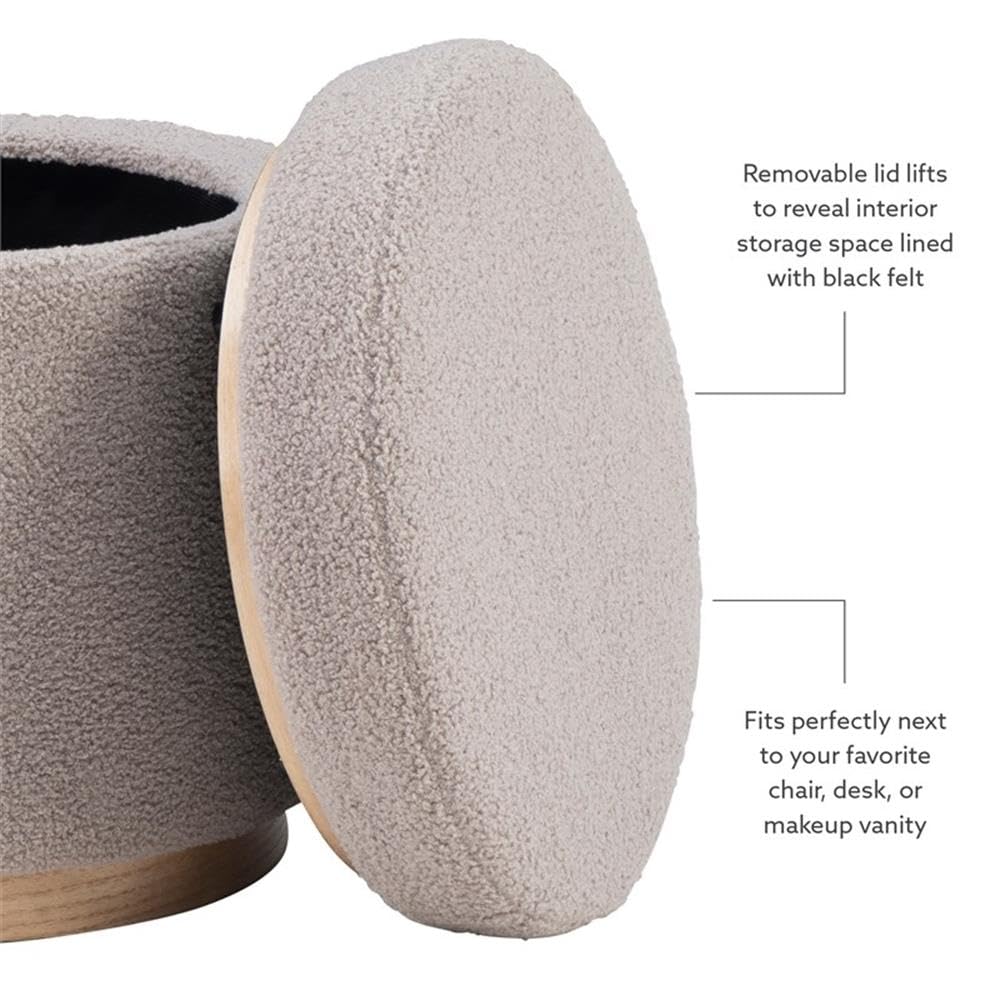 Linon Hawn Round Padded Storage Ottoman with Light Wood Trim - Gray Sherpa Fabric Upholstered Footrest Bench for Living Room, Bedroom & Home Decor