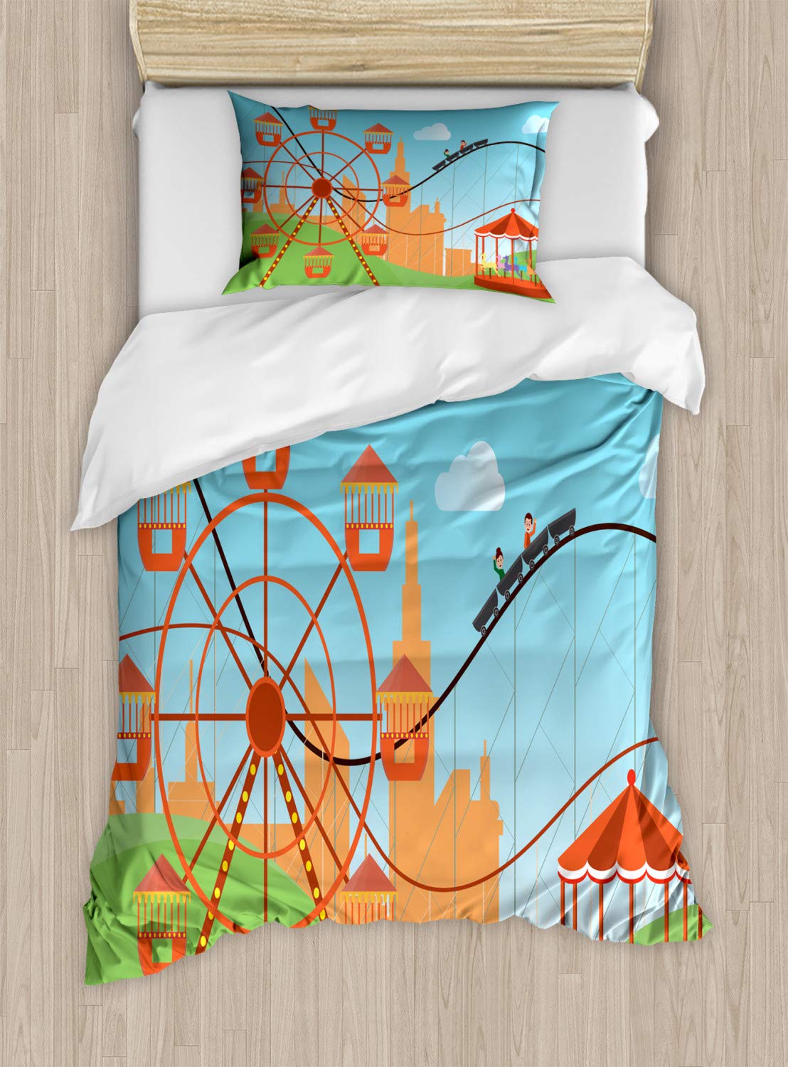 Ambesonne Ferris Wheel Duvet Cover Set - Vibrant Carnival Theme 2-Piece Bedding with Pillow Sham | Twin Size Colorful Amusement Park Decor for Kids & Teens Bedroom