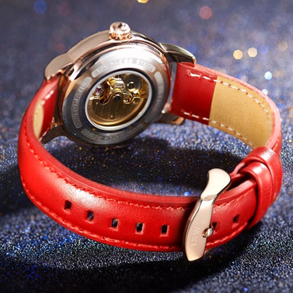 Luxury Hollow Automatic Mechanical Luminous Waterproof Women's Watch - Diamond Accent Leather Strap for Business, Party & Everyday Wear