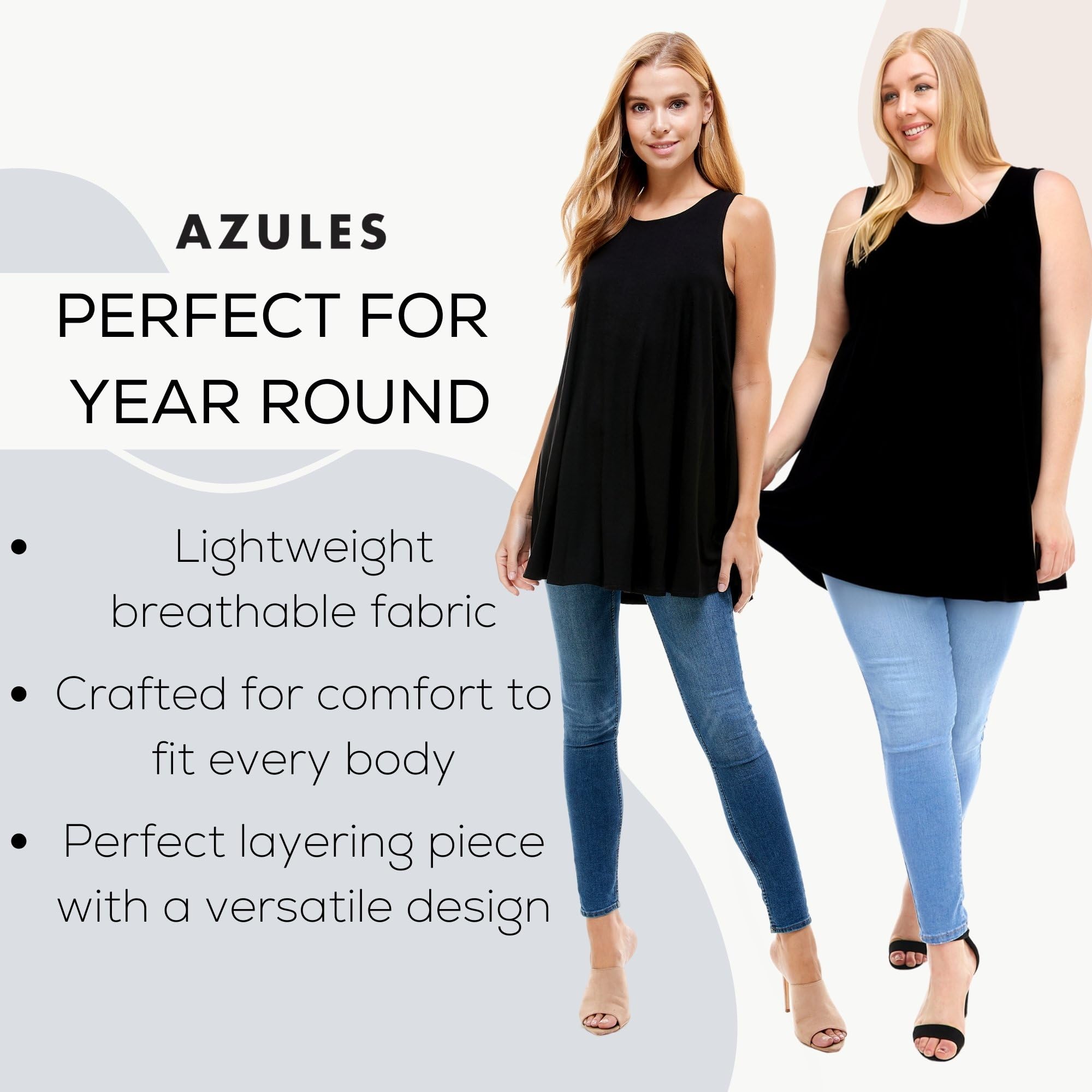 Azules Women's Sleeveless Tunic Tops - Loose Fit Flowy Tank Tops & Dressy Shirts for Leggings | Casual Summer Outfits, Beach Cover-Up & Yoga Wear