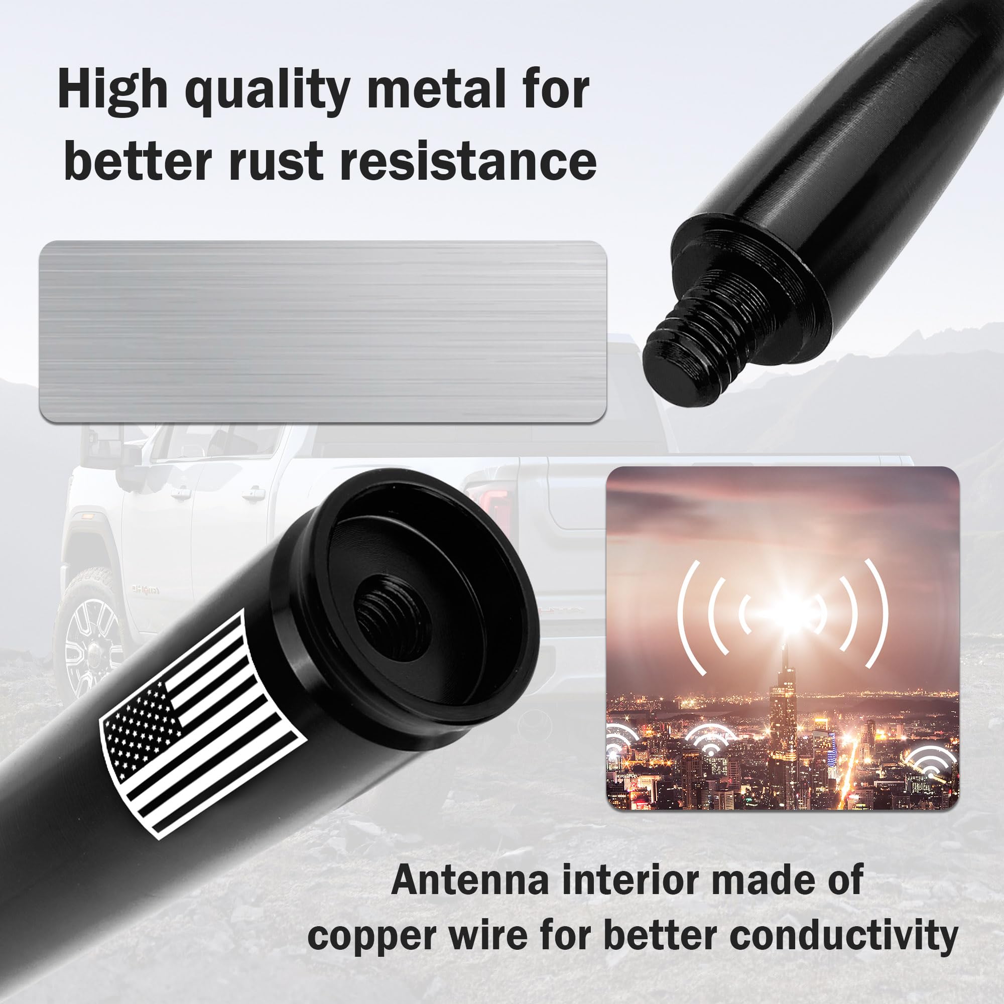 Upgraded Car Bullet Antenna with Flag Design - AM/FM Radio Signal Booster for SUV, Truck & Most Vehicles | Exterior Decoration Accessory & Replacement Part (Black) | Perfect for Road Trips, Off-Roading & Patriotic Displays