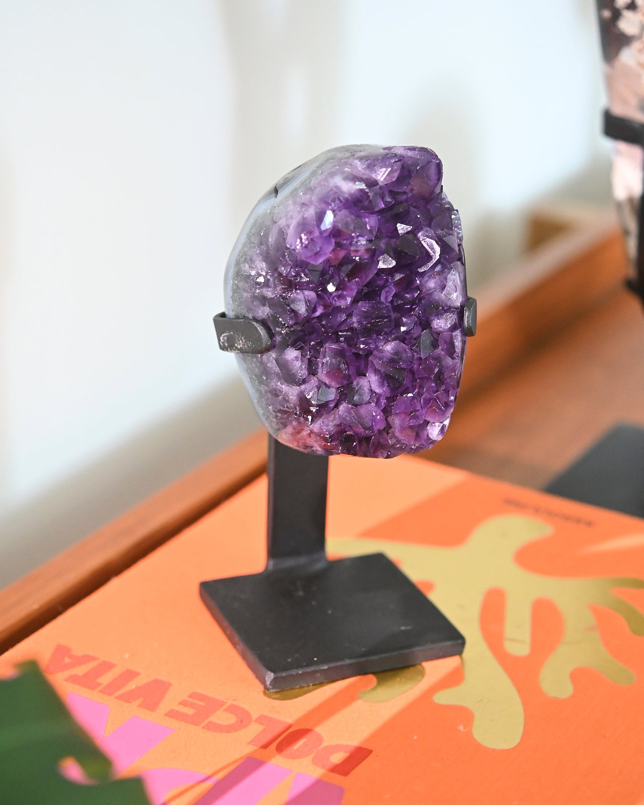 Natural Amethyst Crystal Geode on Wooden Stand - 3lbs Raw Purple Quartz Cluster for Home Decor, Meditation & Healing | Perfect for Living Room, Office & Spiritual Space