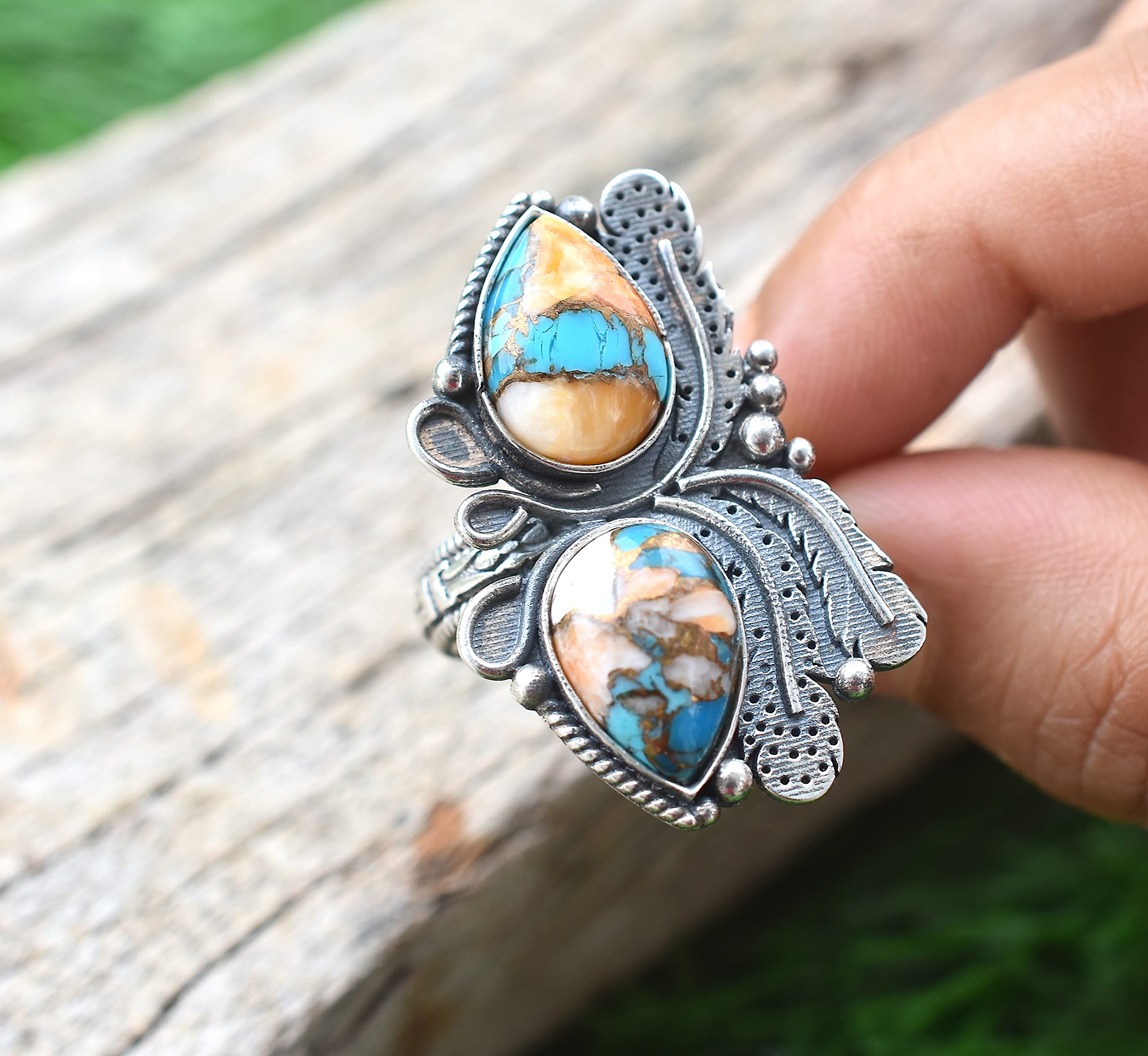 Vintage Handmade 925 Sterling Silver Oyster Copper Turquoise Ring - Boho Hippie Jewelry, Spiny Turquoise Birthstone Ring for Women - Perfect Birthday Gift, Wedding, Party & Everyday Wear - TQ-05