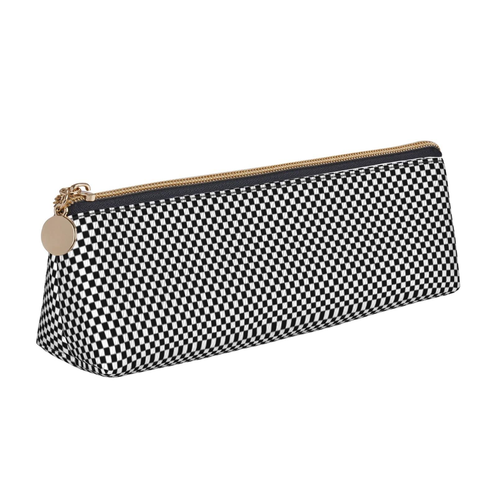 Stylish Leather Pencil Case - Checkerboard & Black/White Grid Design with Zipper - Perfect for School, Office & College - Cylinder Pencil Holder & Stationery Organizer - Great Cosmetic Bag for Adults, Students, Women & Men - Ideal for Teens, Work, Travel & Everyday Use