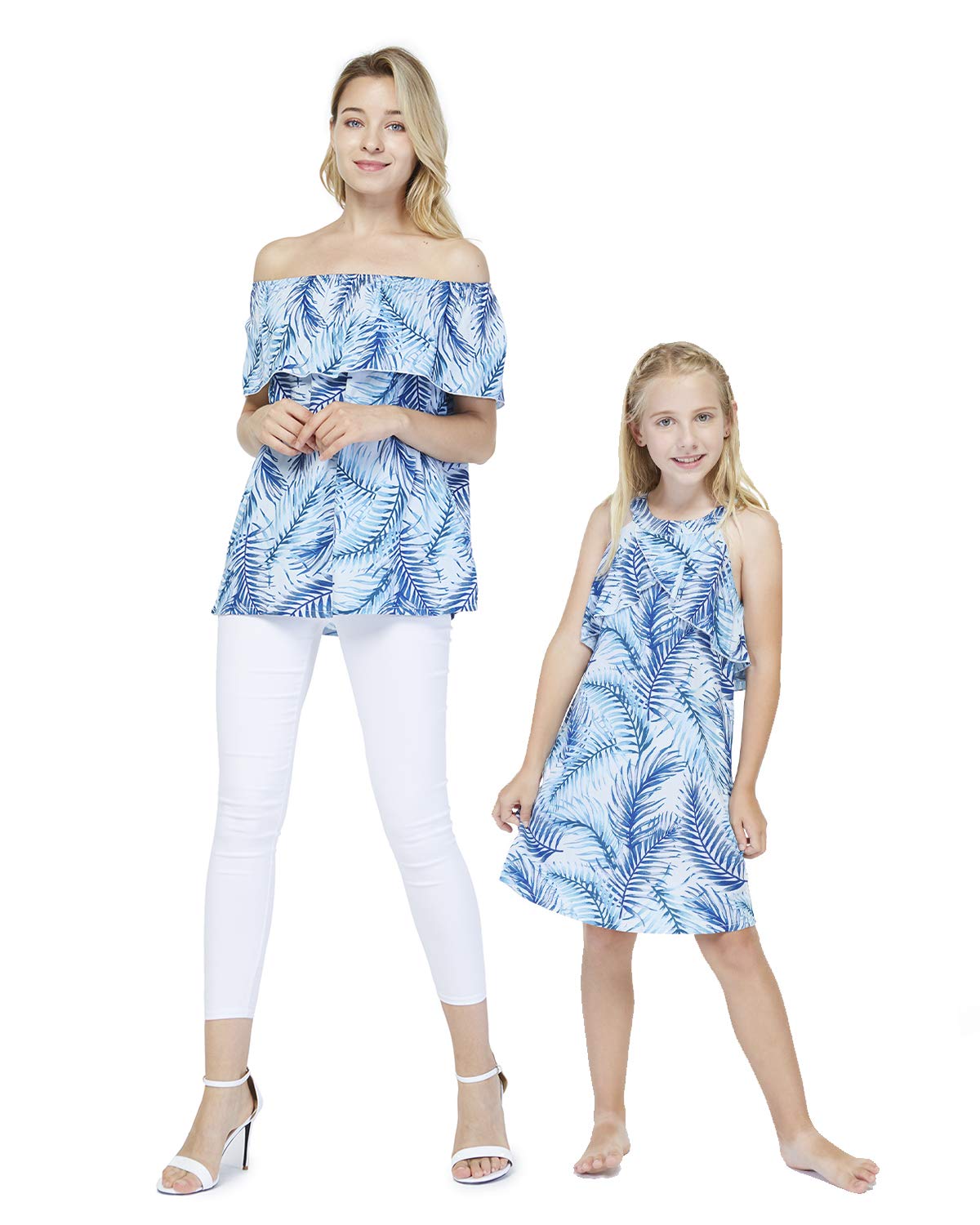 Hawaiian Luau Matching Mother Daughter Off-Shoulder Ruffle Dress - Simply Blue Leaf Print - Beach Party, Family Vacation, Summer Outfits, Tropical Theme Party Wear