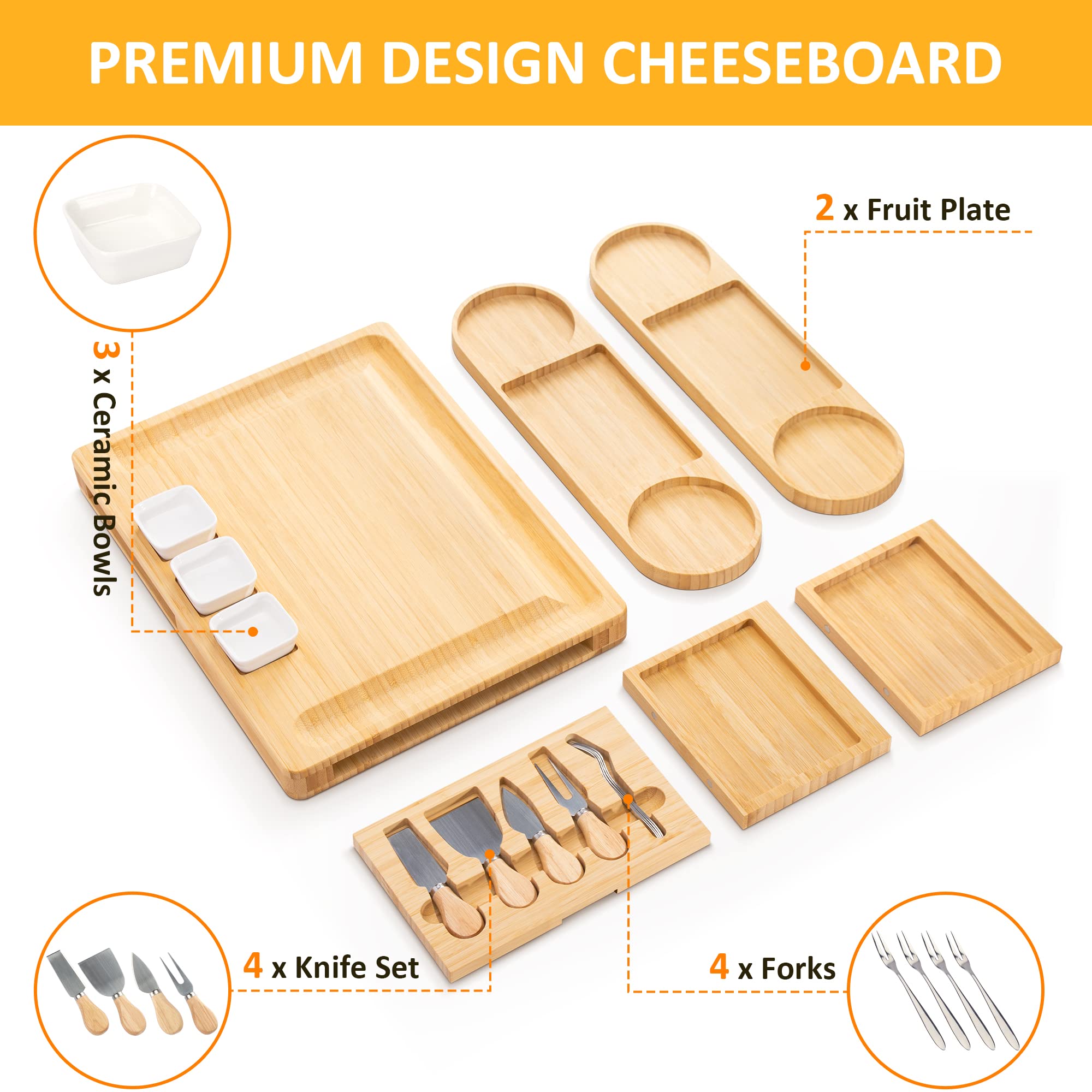 Premium Bamboo Charcuterie Board Set with 2 Drawers - Extra Large Cheese & Charcuterie Serving Tray - Perfect for Entertaining, Weddings, Housewarming & Birthday Gifts - Elegant Appetizer Display for Parties, Cheese Tasting & Charcuterie Nights