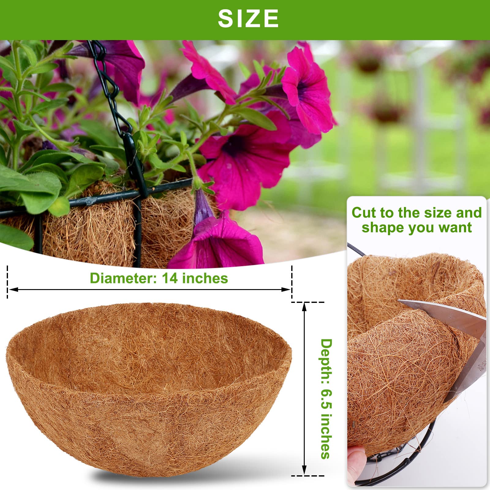 4 Pack 14 Inch Coconut Fiber Planter Liners - Natural Coco Coir Hanging Basket Liners for Wire Baskets, Flower Pots & Plant Containers - Perfect for Indoor/Outdoor Gardening, Vertical Gardens & Balcony Decor