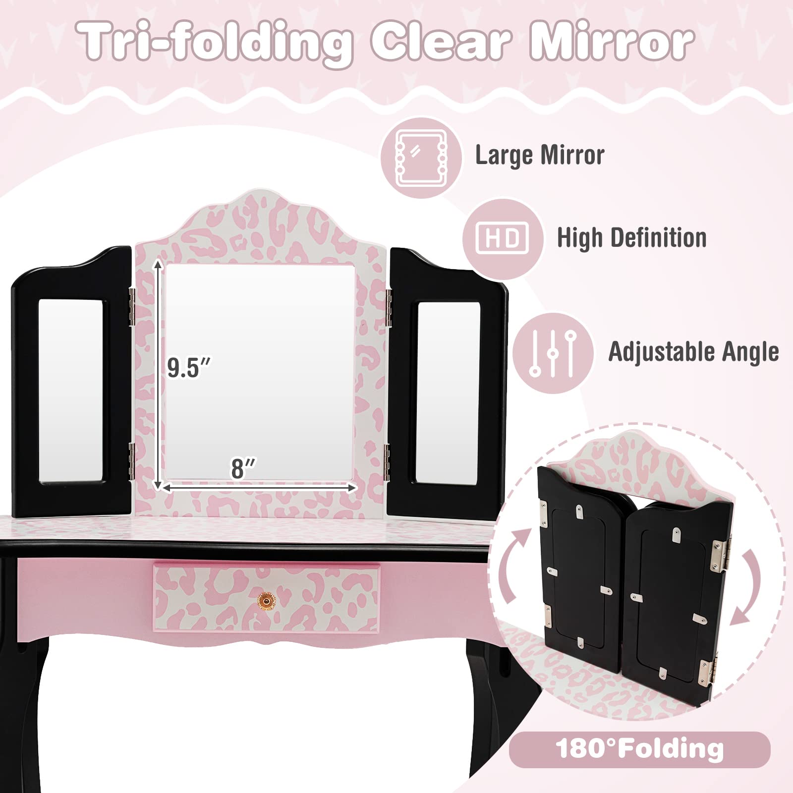 Honey Joy Kids Vanity Set with Mirror & Stool - Pink Leopard for Girls Bedroom