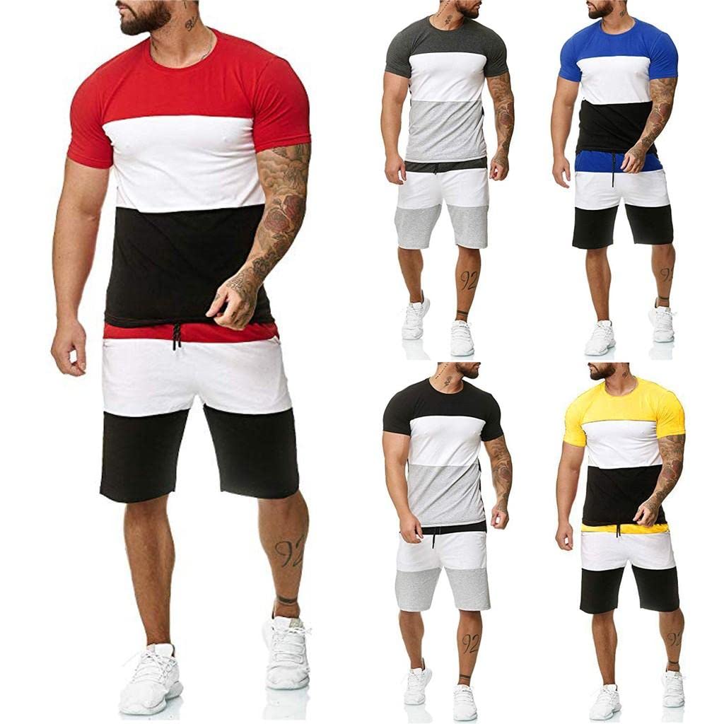 Men's 2-Piece Track Suits - Short Sleeve Color Block Sports Outfit for Running, Gym & Beach | Breathable Athletic Jogging Set for Men