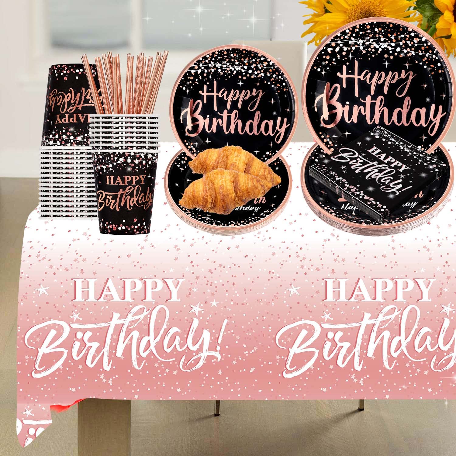 Rose Gold Happy Birthday Party Decorations for Women - 121pcs Disposable Tableware Set (Plates, Napkins, Cups, Straws, Tablecloth) for 24 Guests - Perfect for Birthday Parties, Bridal Showers & Special Celebrations