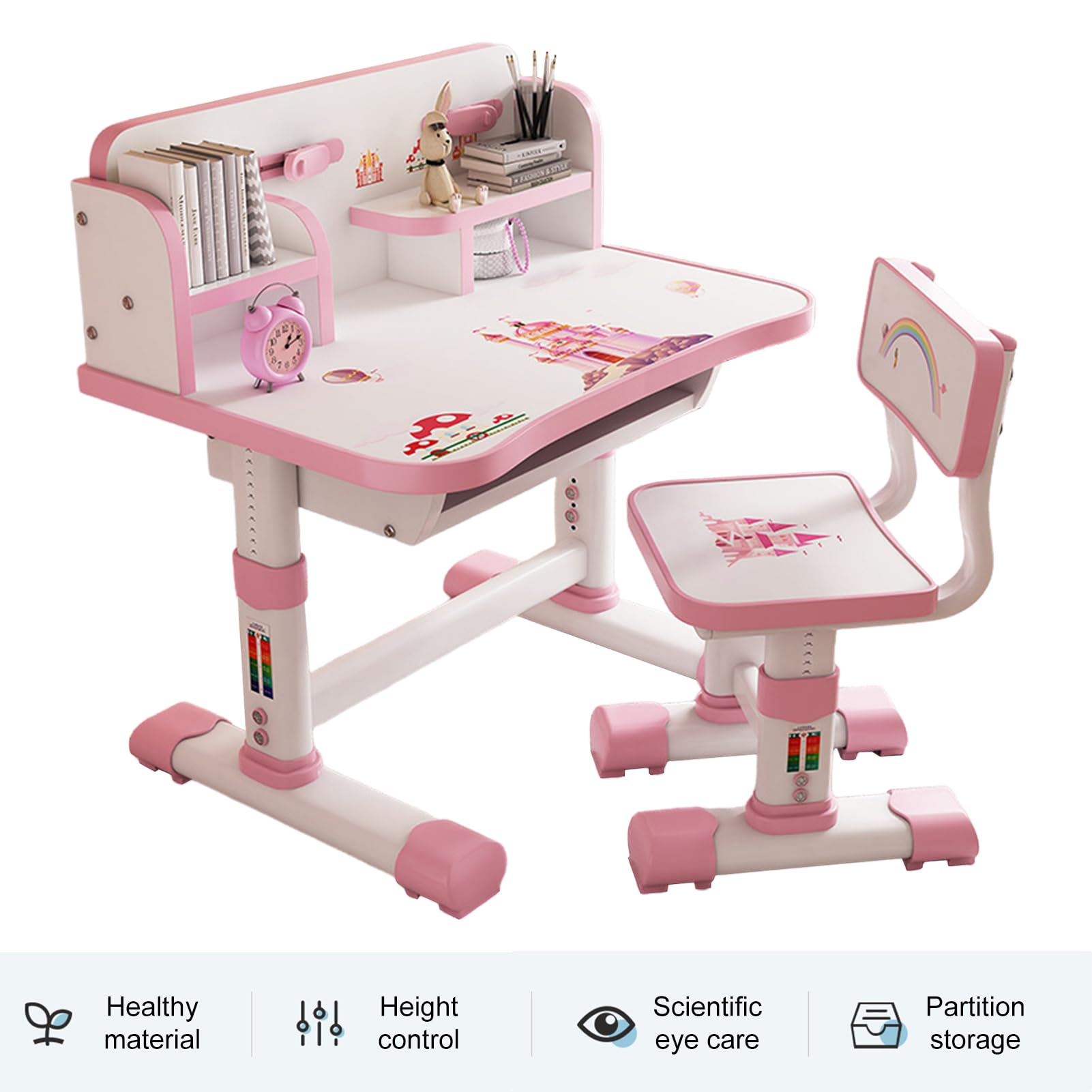 Adjustable Kids Desk and Chair Set - Ergonomic Study Table for Children with Book Stand & Sitting Corrector, Partition Design - Perfect for Homework, Reading & Online Learning (Pink)