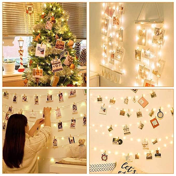 33ft Wooden Photo Clip String Lights with Remote & Timer - 100 LED Fairy Lights & 50 Painted Clothespins for Hanging Pictures - Battery Powered Twinkle Copper Wire Decor for Bedroom, Wedding, Party, Christmas, and Festival Decorations