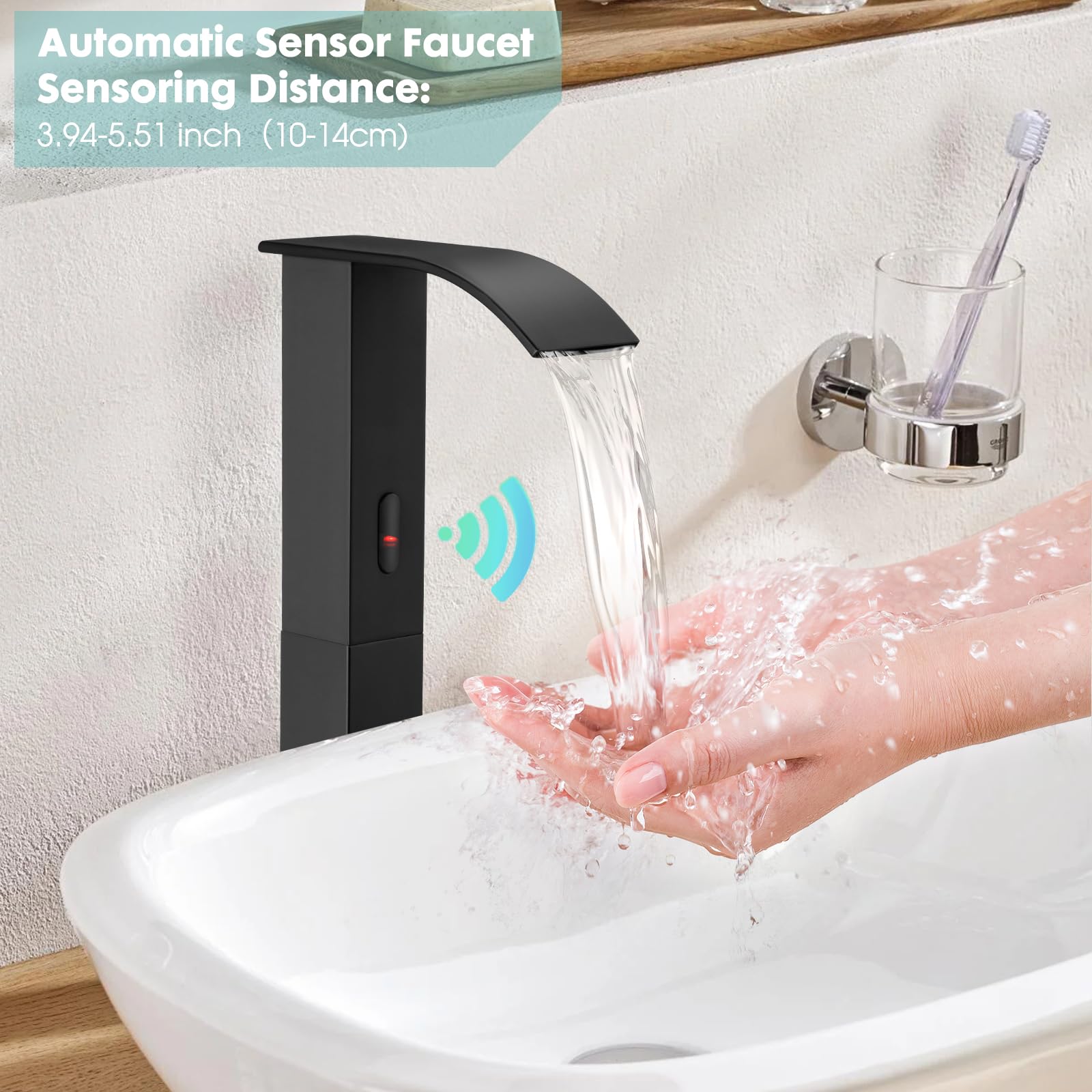 **Touchless Bathroom Sink Faucet - 1 Hole Hands-Free Automatic Motion Sensor Faucet with Tall Spout, Black Waterfall Design for Modern Bathrooms - Perfect for Hygienic Hand Washing in Homes, Offices, and Public Restrooms**