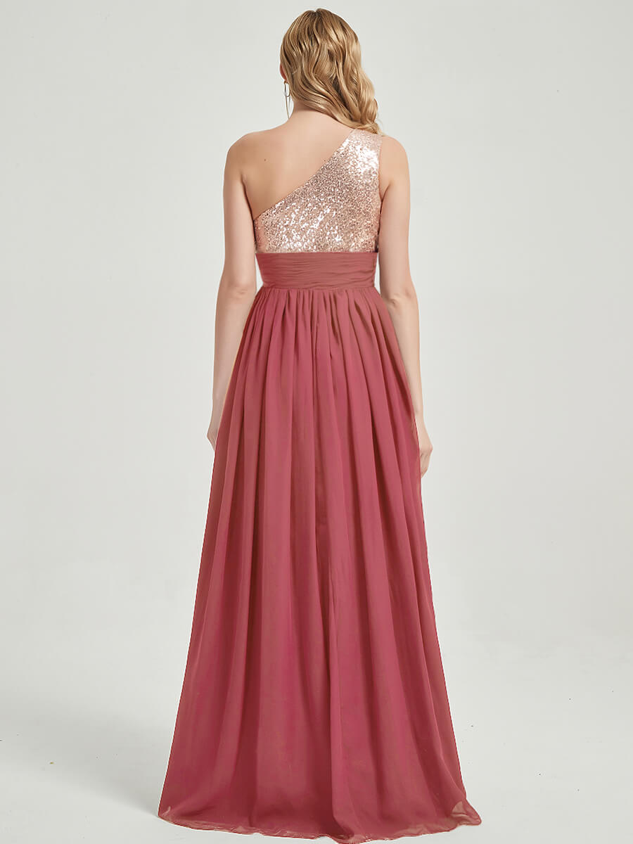 Elegant One Shoulder Sleeveless Chiffon Sequin Bridesmaid Dress - Desert Rose Color for Wedding Party, Formal Events & Special Occasions