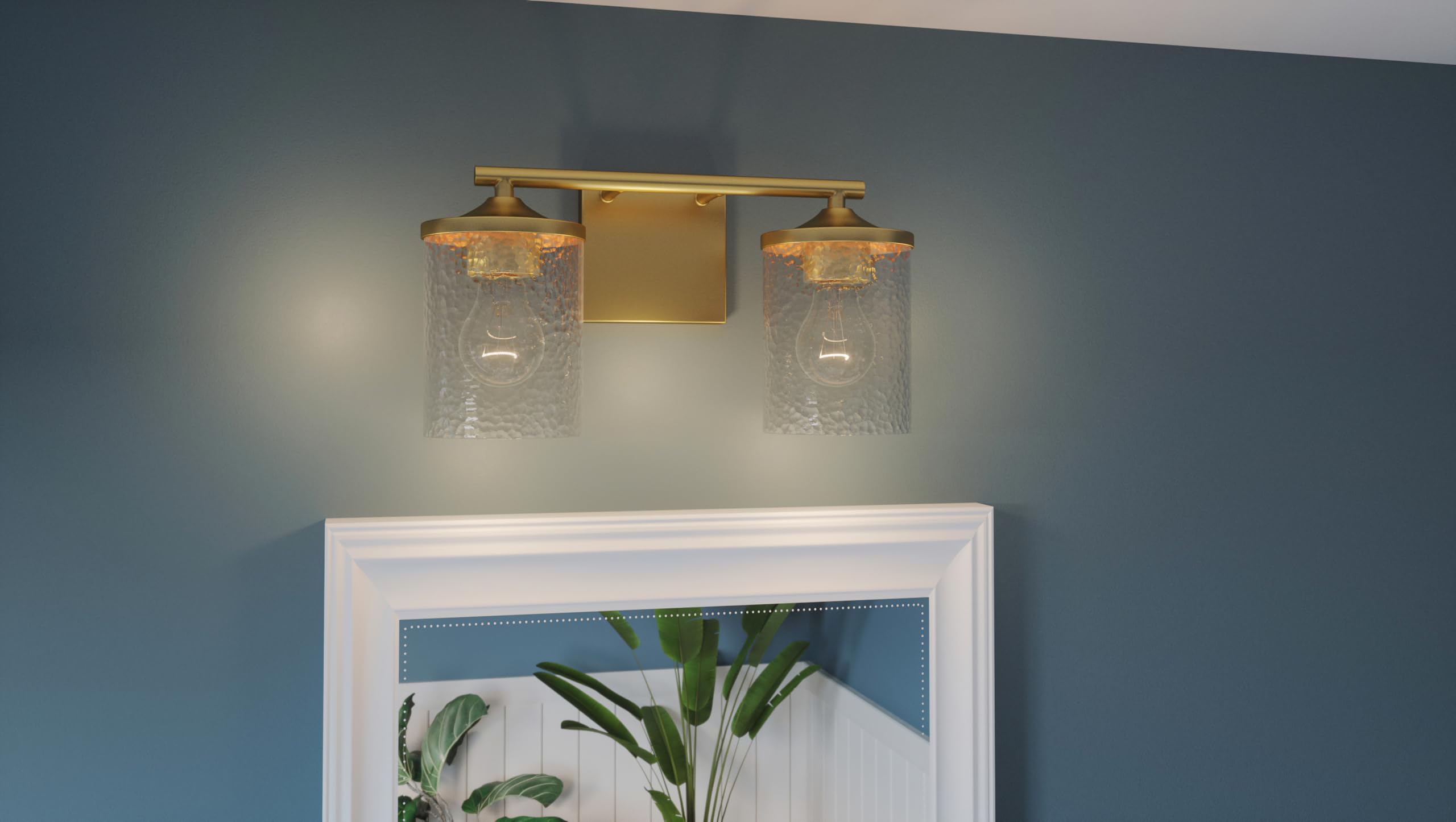 Quoizel Abner 14-Inch 2-Light Bathroom Vanity Lights in Aged Brass - Clear Hammered Glass Wall Mount Fixture for Mirror Lighting | Transitional Industrial Style for Modern & Farmhouse Bathrooms (Perfect Over Vanity, Powder Room or Master Bath)