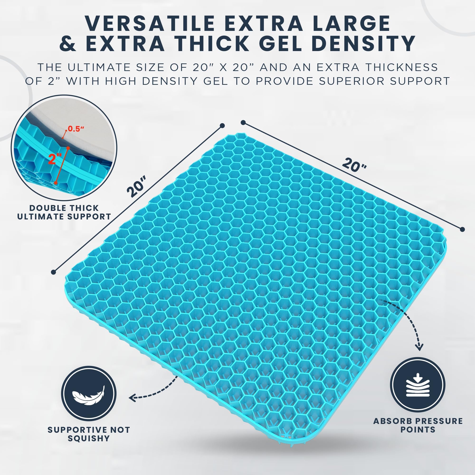 XL Extra Thick 20x20x2 Inch Cooling Gel Seat Cushion - Pressure Relief Pad for Office Chairs, Gaming Chairs, Car Seats & Wheelchairs | Breathable, Non-Slip Support | Perfect for Long Work Hours, Road Trips & Comfortable Sitting
