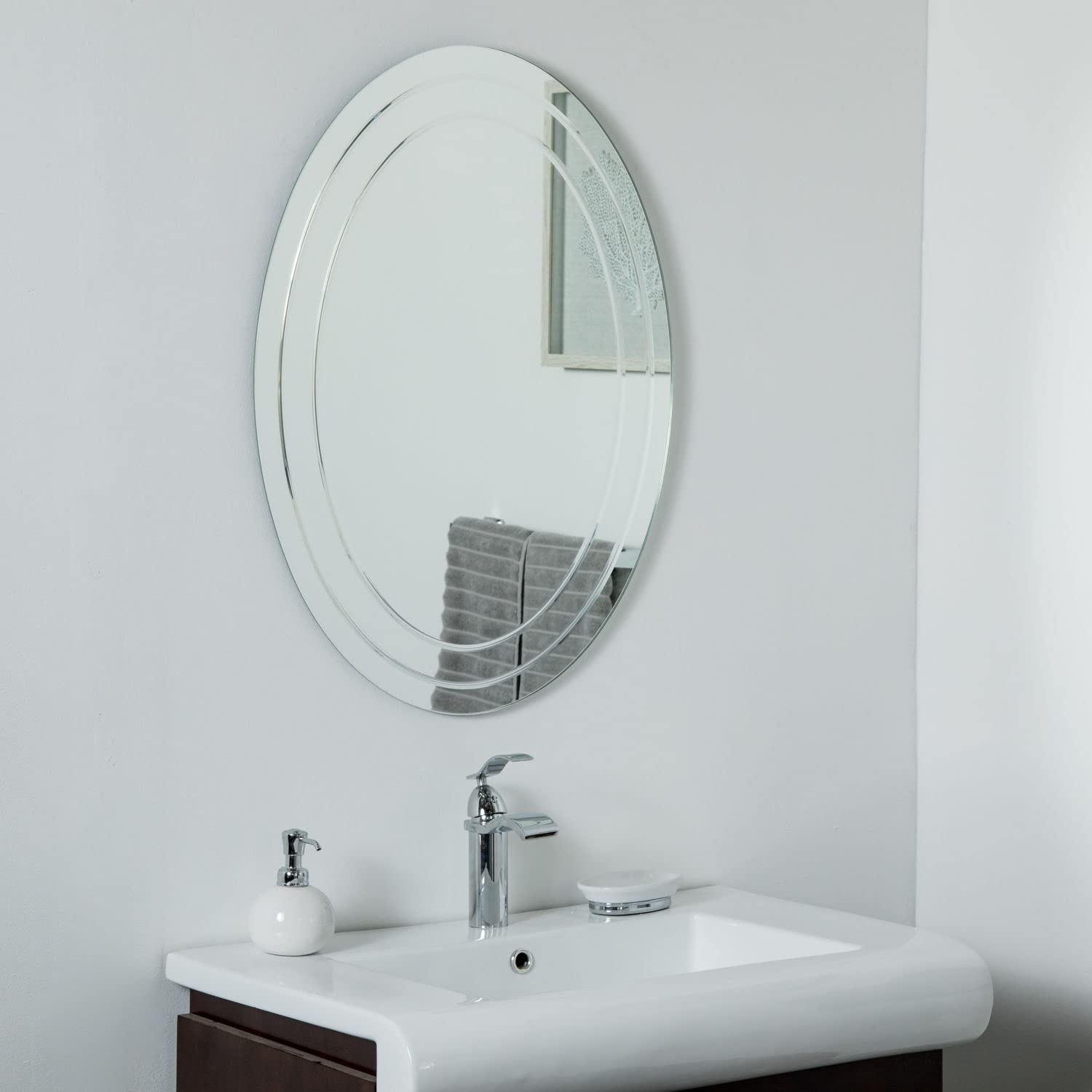 Frameless Oval Bathroom Mirror with V-Groove Design - Modern Vanity Mirror for Bathroom Decor, Bedroom & Entryway