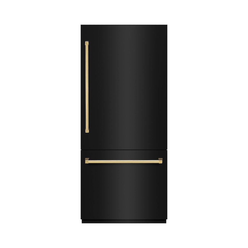 ZLINE Autograph Edition 36 Inch Built-In Bottom Freezer Refrigerator - 19.8 cu ft Capacity, Black Stainless Steel with Gold Accents, Water Dispenser & Ice Maker - Perfect for Modern Kitchens, Open Concept Homes & Luxury Appliances Upgrade