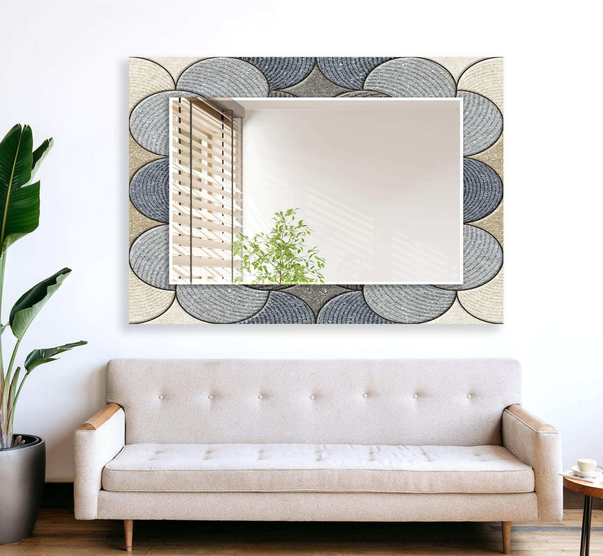 Modern Beige and Gray Circles Design Wall Mirror - Stylish Round Decorative Mirror for Living Room, Bedroom, or Entryway Decor