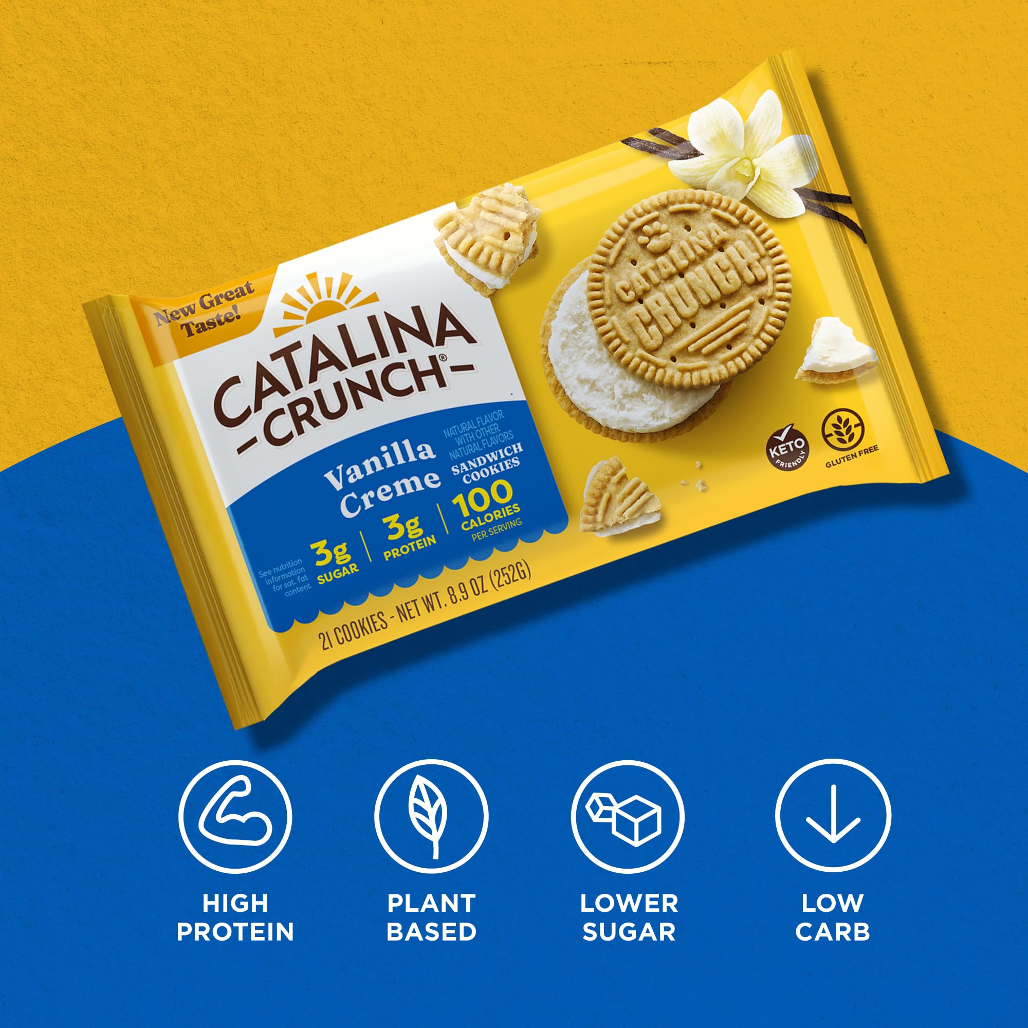 Catalina Crunch Vanilla Creme Sandwich Cookies - Low Carb, Keto Friendly, Sugar Free Snacks - 8.9 oz Pack (21 Cookies) - Perfect for Weight Loss, Diabetic Diets & Healthy On-the-Go Snacking